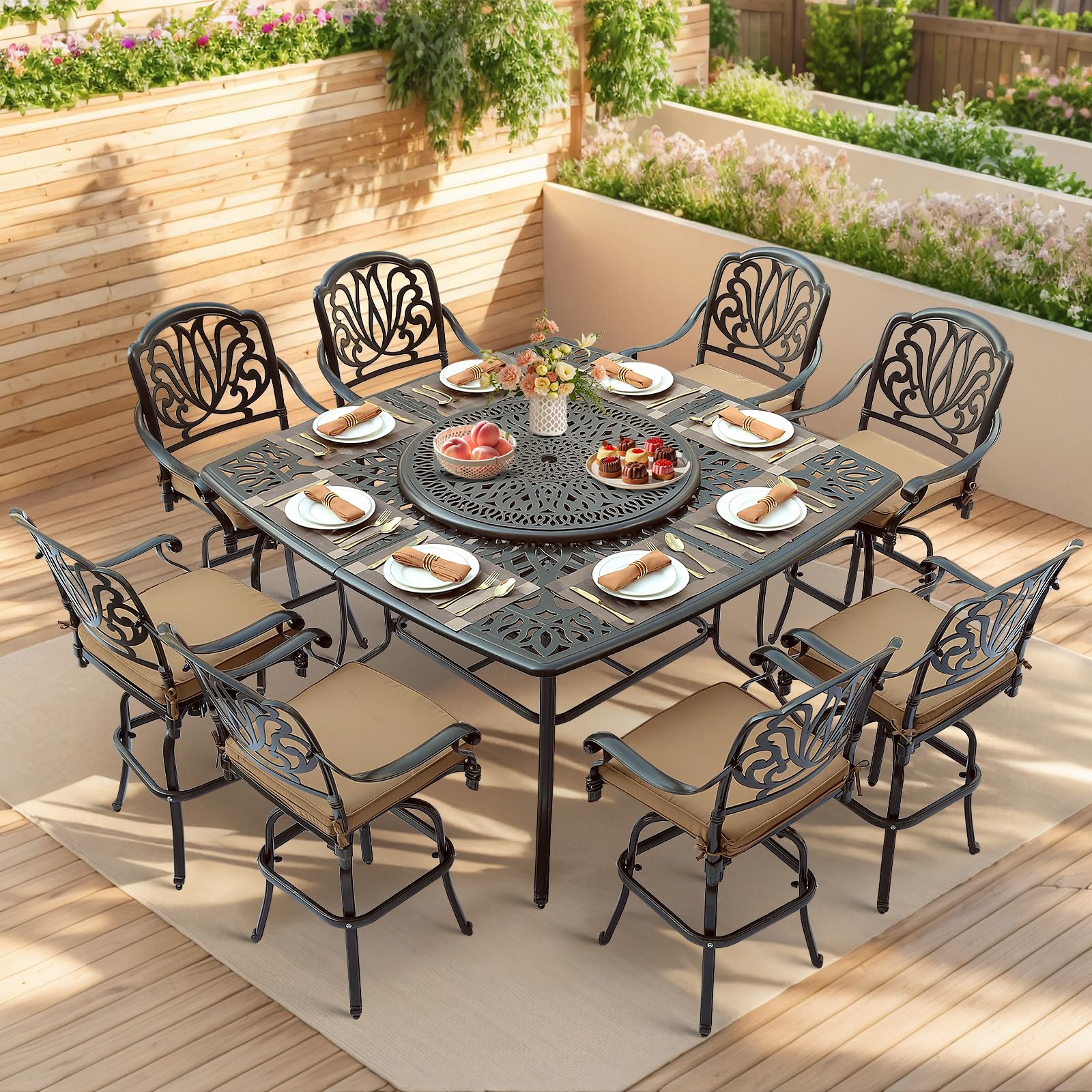 VIVIJASON 10-Piece Outdoor High Patio Dining Set, Free-Rust Cast Aluminum Patio Bar Table and Chairs Set, Includes 8 Swivel Bar Stools & 64" Bar