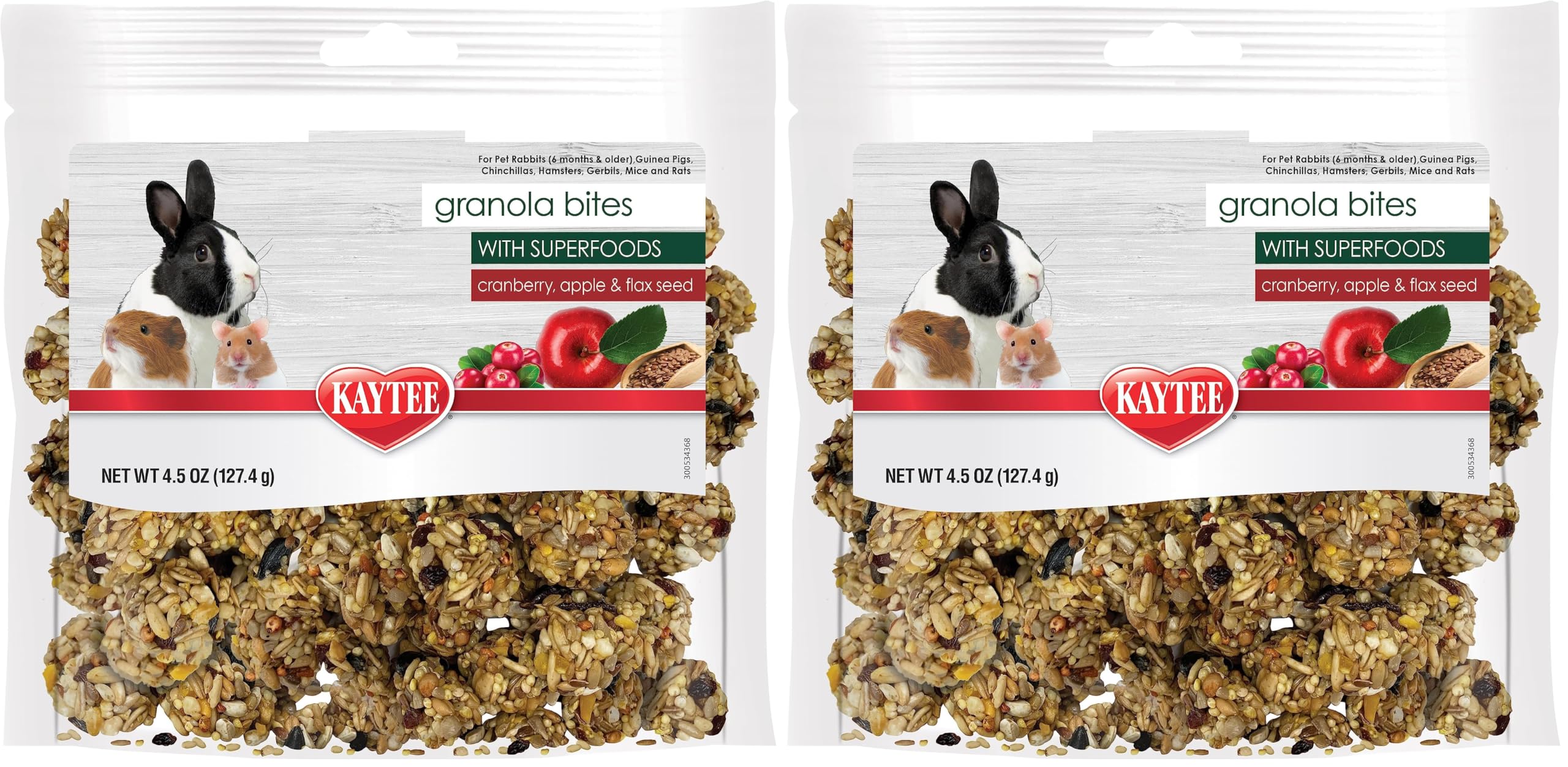 Kaytee Granola Bites with Superfoods Cranberry, Apple and Flax for Rats, Mice, Hamsters, Gerbils, Rabbits, Guinea Pigs and Chinchillas, 4.5 oz (Pack of 2)