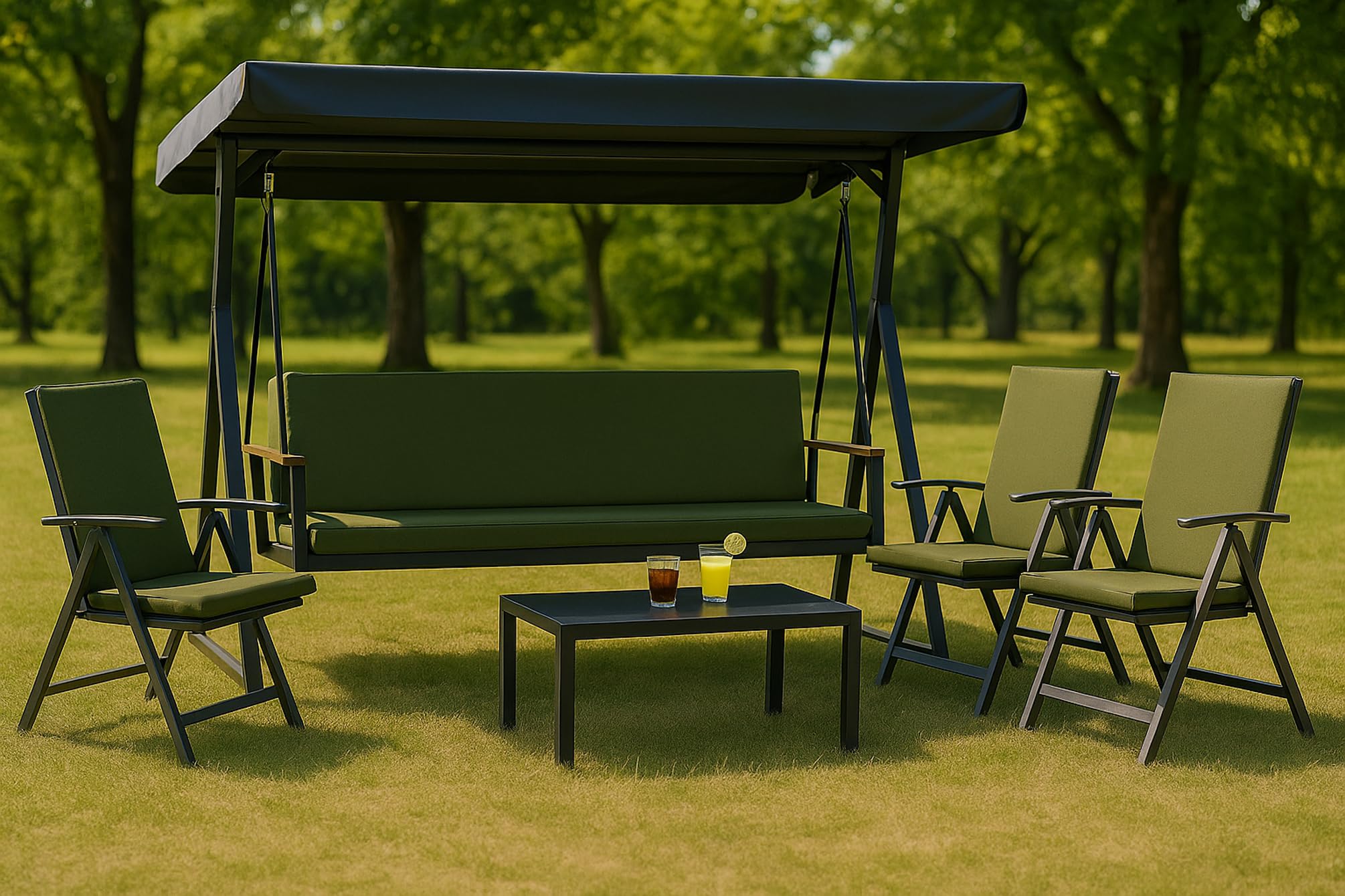 Cojín para columpio de jardín, 7 cm de grosor, acolchado para asiento y respaldo, funda extraíble, reversible, juego de cojines de jardín (verde oliva, 160 x 50 x 50 cm)