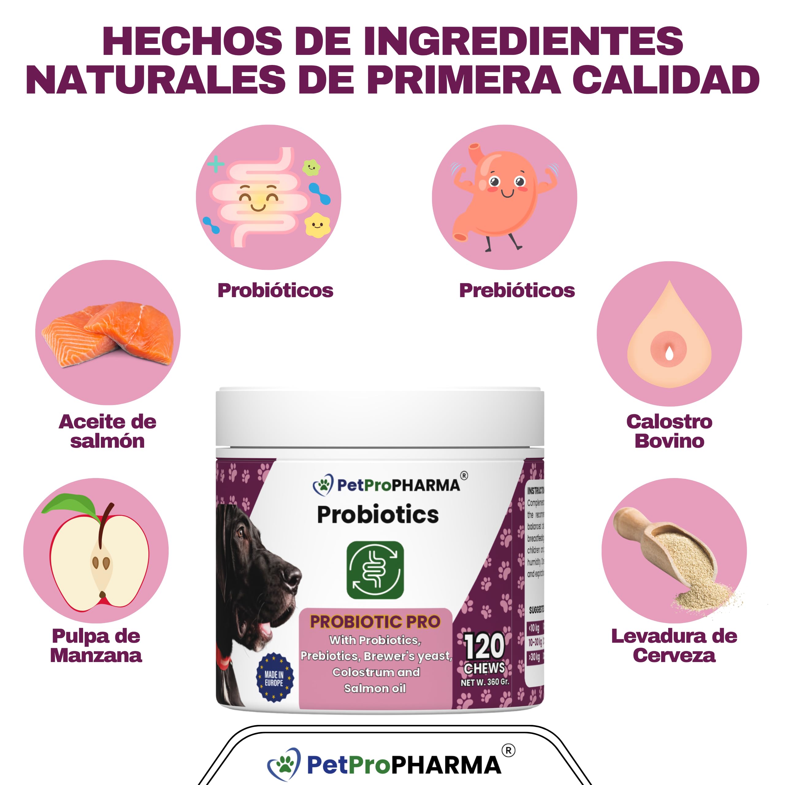 Probioticos y Prebioticos para Perros y Gatos Complemento alimenticio para Soporte digestivo y Refuerzo inmunológico Pastillas Masticables Absorcion Nutrientes y Flora intestinal 120 Galletas