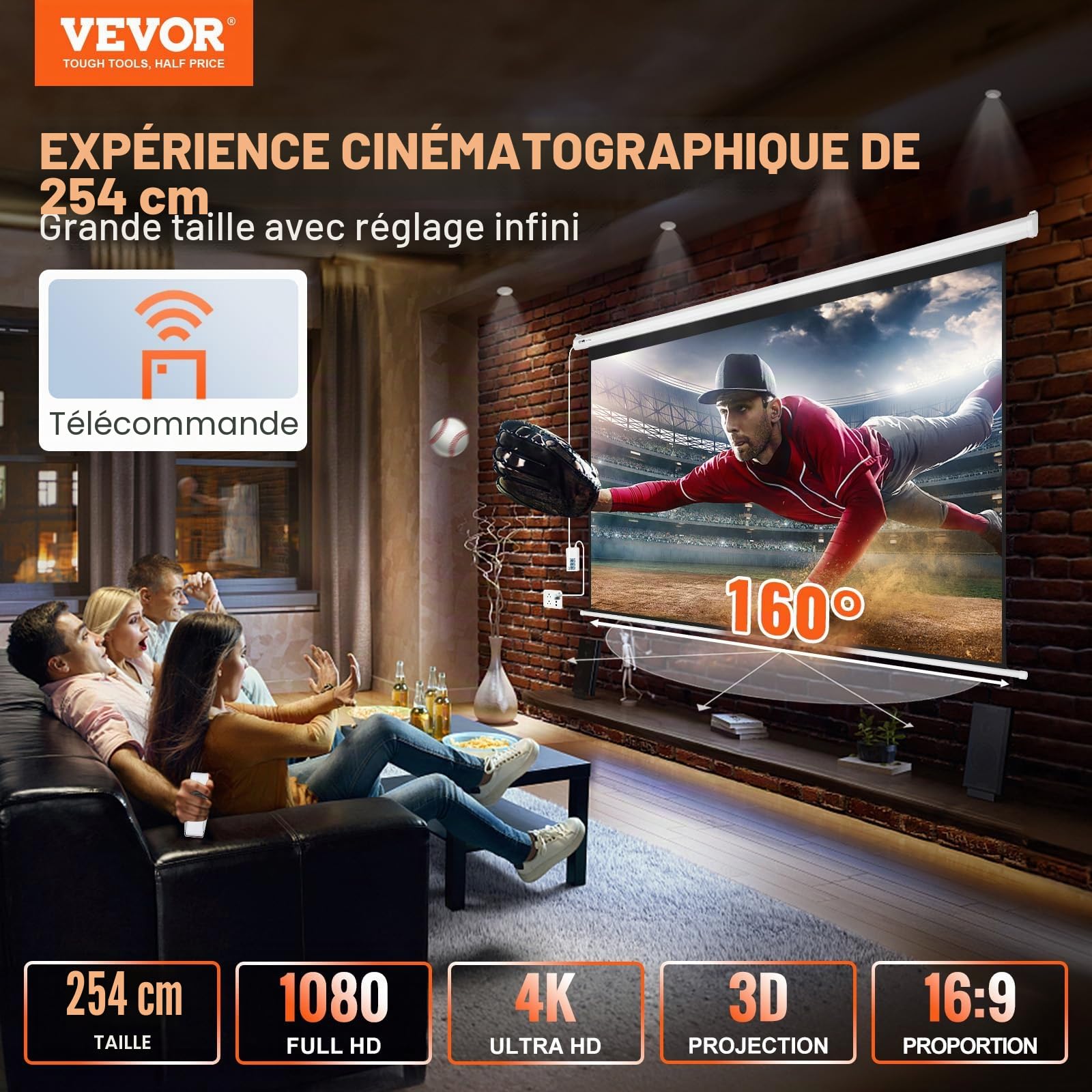 VEVOR Écran de Projection Motorisé 100 Pouces 16:9 HD 4K 1080 Toile de Projection Anti-Plis avec Télécommande Grand Angle de Vision Montage Mural Direct pour Vidéoprojecteurs Cinéma Maison Intérieur