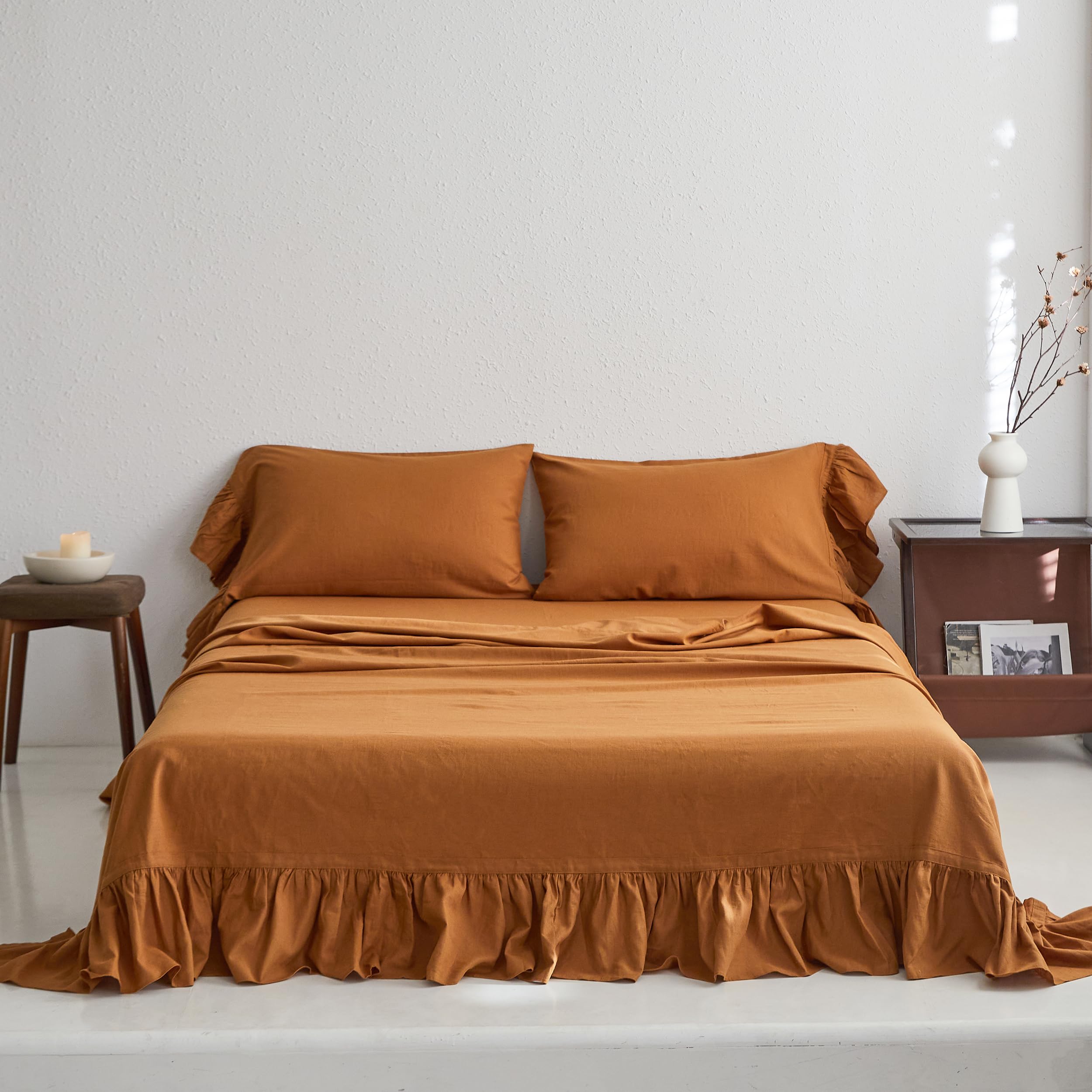 King Linens Belgian Linen Sheet Set with Long Ruffles Queen