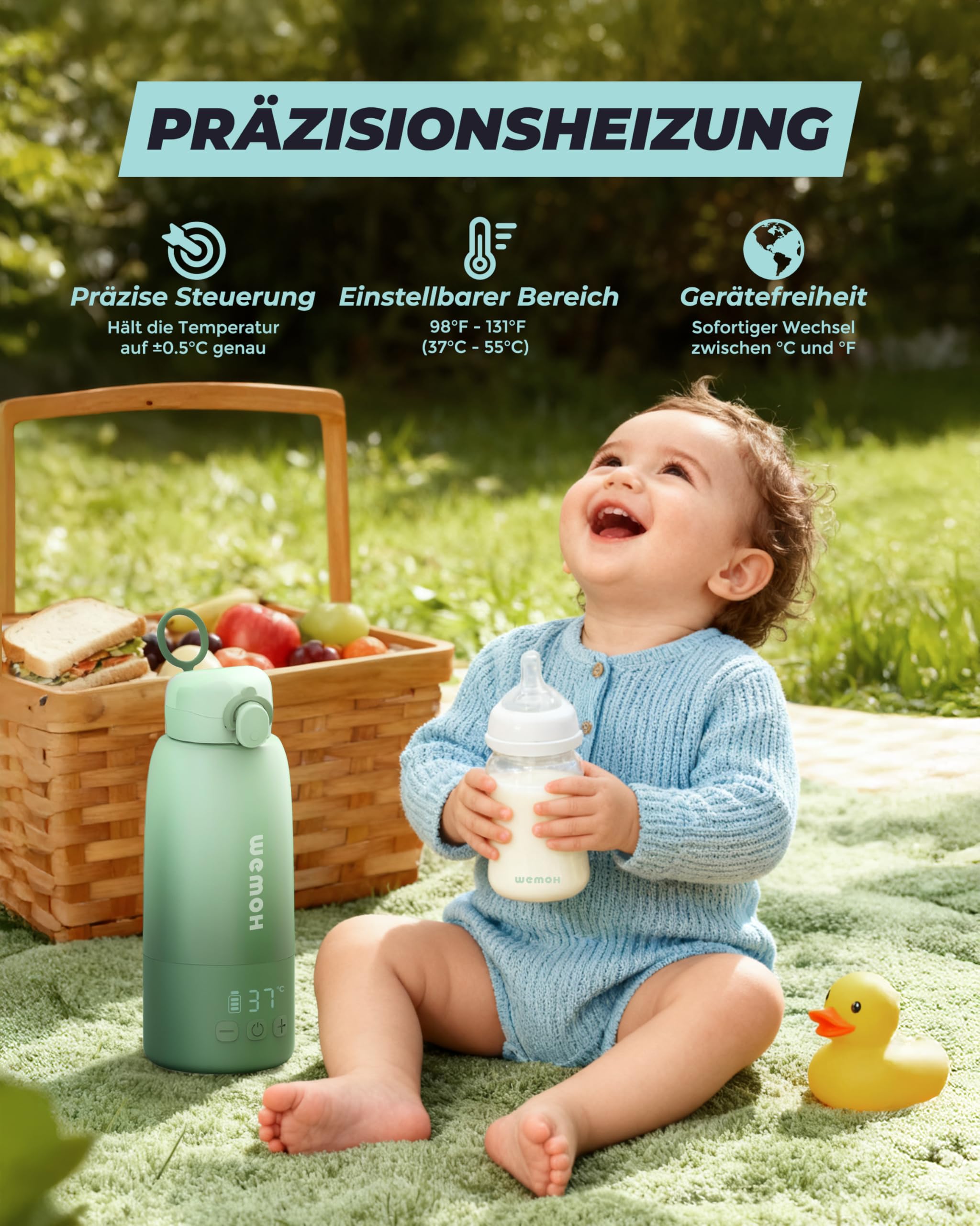 Tragbarer Flaschenwärmer Baby für unterwegs mit Selbstreinigungsfunktion, Präzise Temperaturkontrolle & 450ml Große Kapazität, 100W Schnellaufwärmung für Muttermilch & Wasser Milchwärmer to go