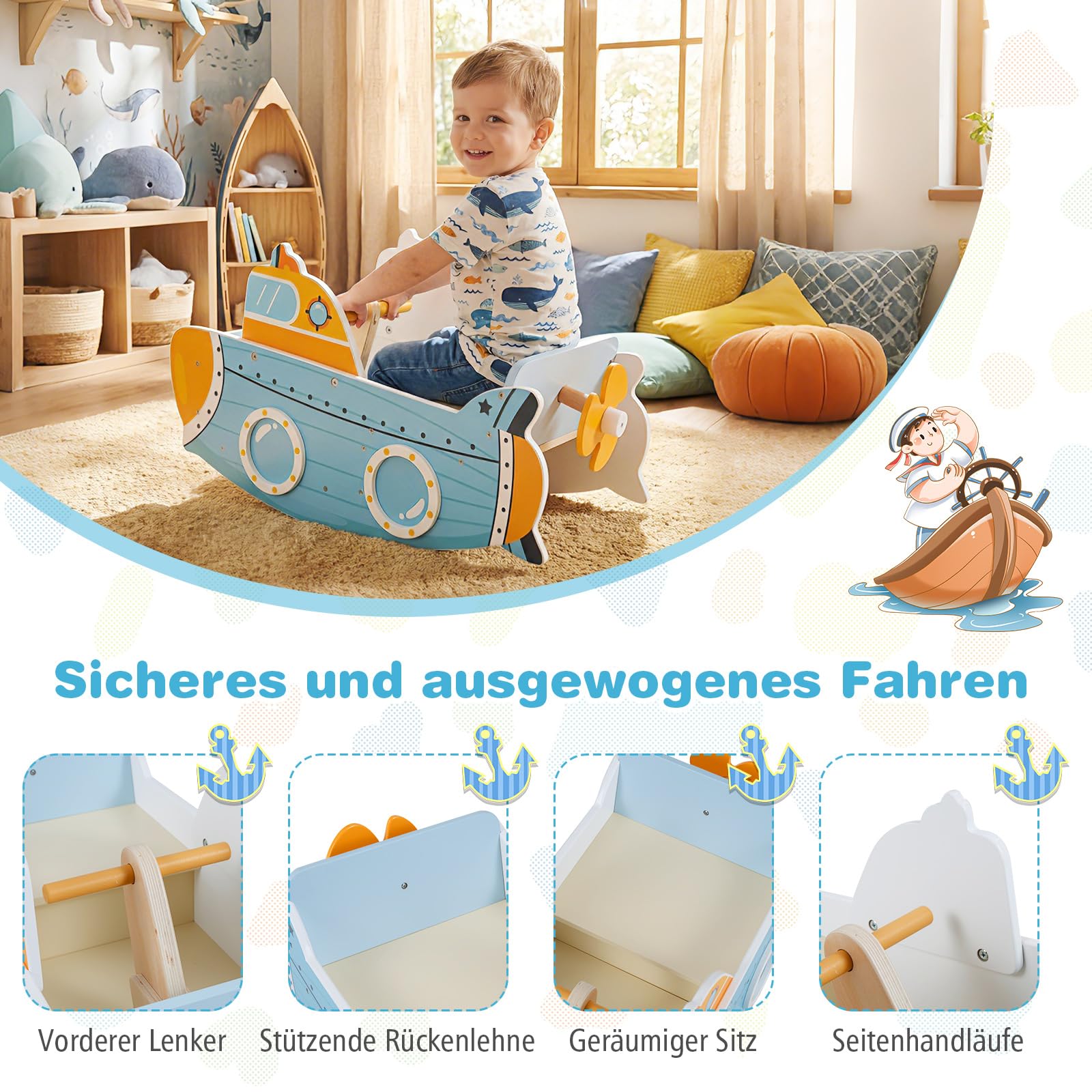 COSTWAY Schaukelboot Kinder ab 1 Jahr, Schaukelpferd Holz mit nautischem Design, drehbarem Propeller, Birkenholz-Griffe & breiter Sitz, Baby Schaukelspielzeug, Schaukelwippe, belastbar bis zu 20 kg