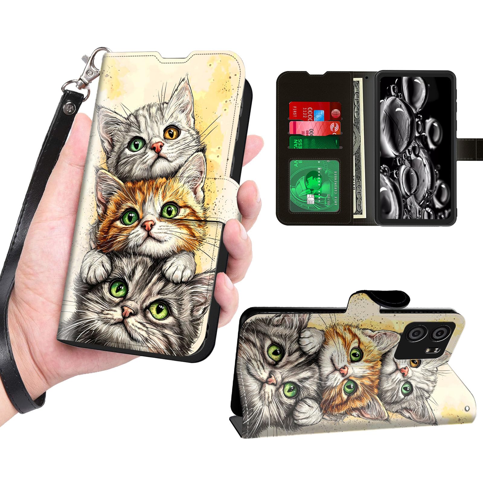 Wallet Case for BLACKVIEW Blu View 5 with RFID Blocking Credit Card Holder, Flip PU Leather Magnetic Closure Wrist Strap Phone Cover for Blu View 5, Three Cute Kittens
