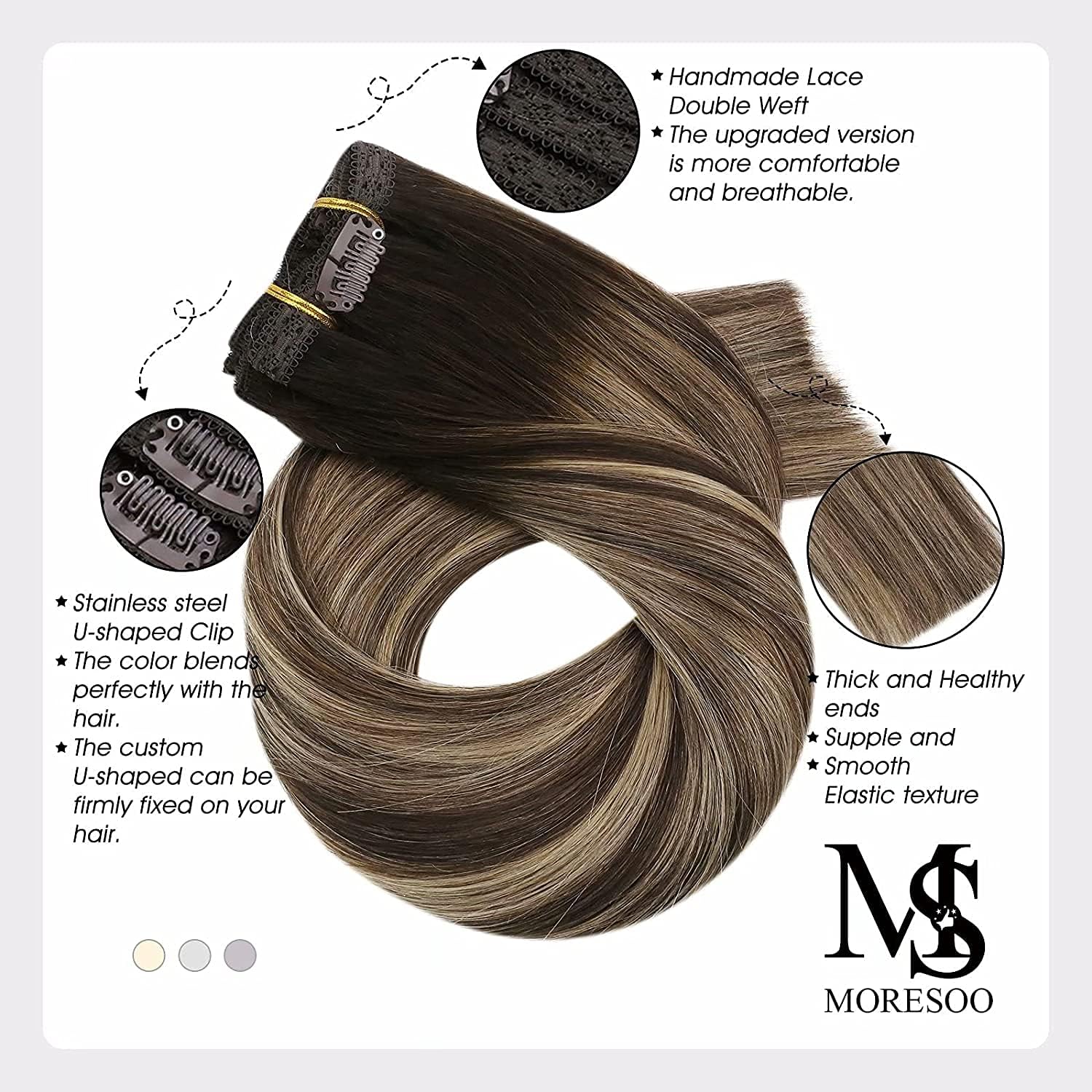 Moresoo Clip in Hair Extensions Real Human Hair Balayage Dark Brown and Caramle Blonde Real Hair Clip in Extensions Human Hair 16 Inch for Women 7 Pieces/120g #4/27/4 - Image 4