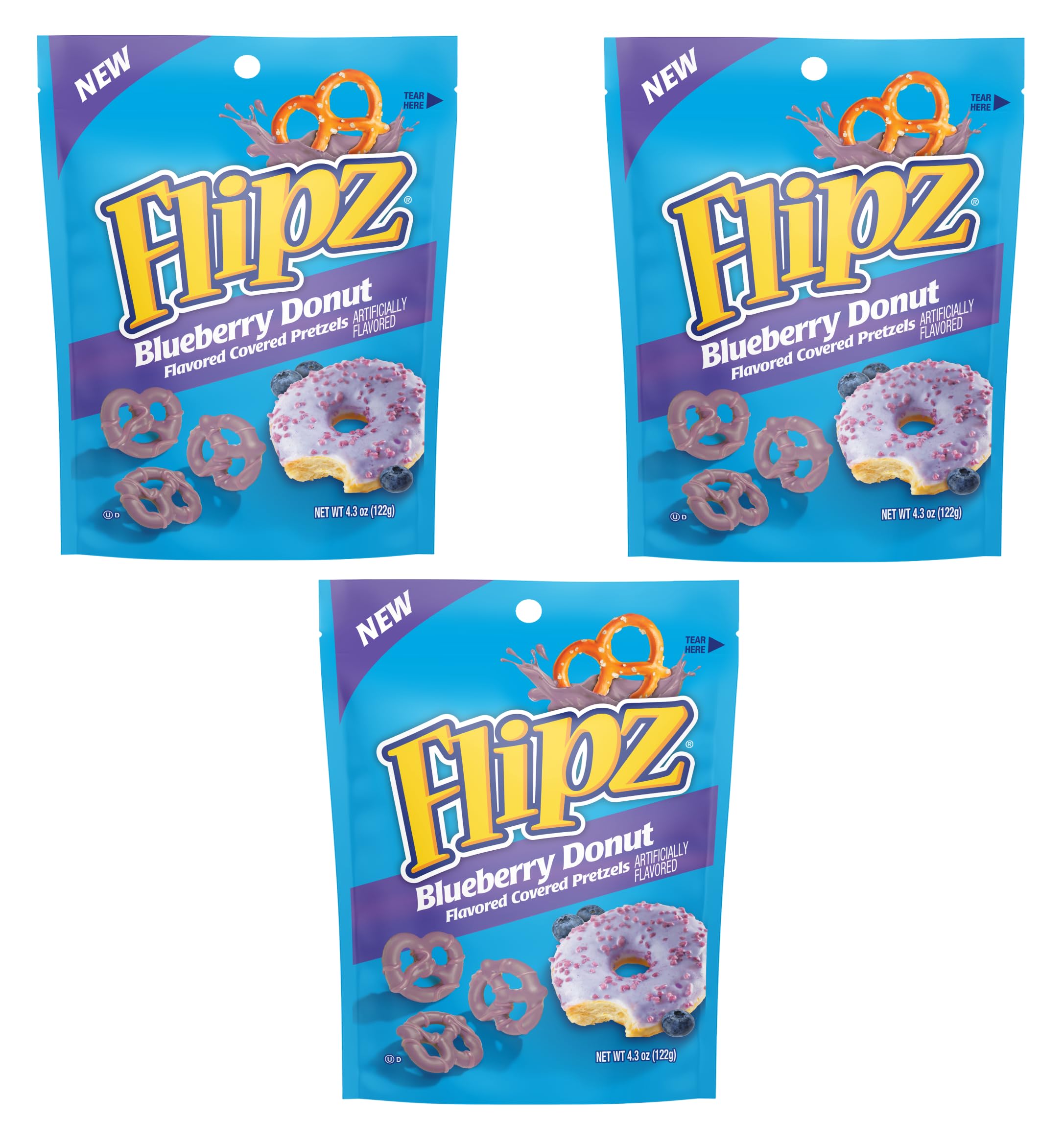 Flipz Blueberry Donut Flavored Covered Pretzels - Pack of 3-4.3 oz Bags - Perfect for Snacking on the go and Stocking the Pantry