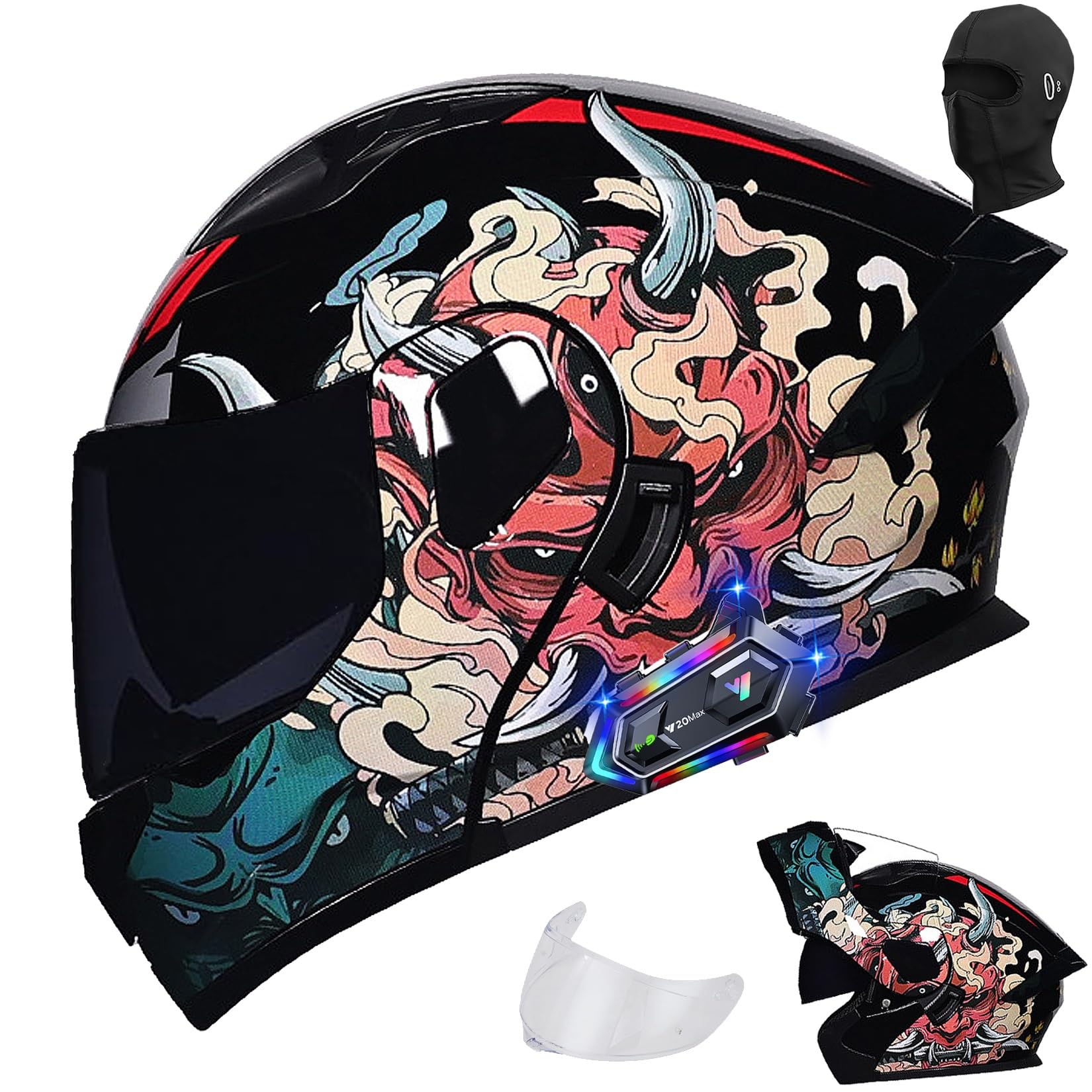 Bluetooth Integrated Modular Flip up Full Face Motorcycle Helmet Sun Shield