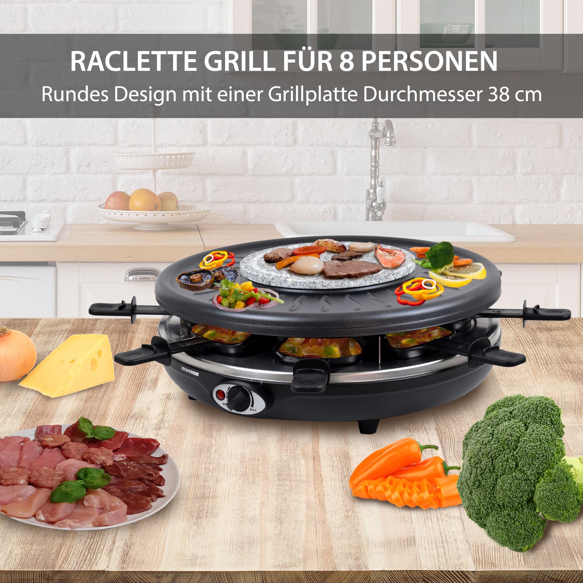 Syntrox Germany Raclette-Grill Set Emailliert Wades mit Fondue und Wechselplatten, Multifunktions Raclette, Pancake Crepe Maker, 8 Personen, 1350 Watt, Antihaftbeschichtet, Platzsparendes Küchengerät