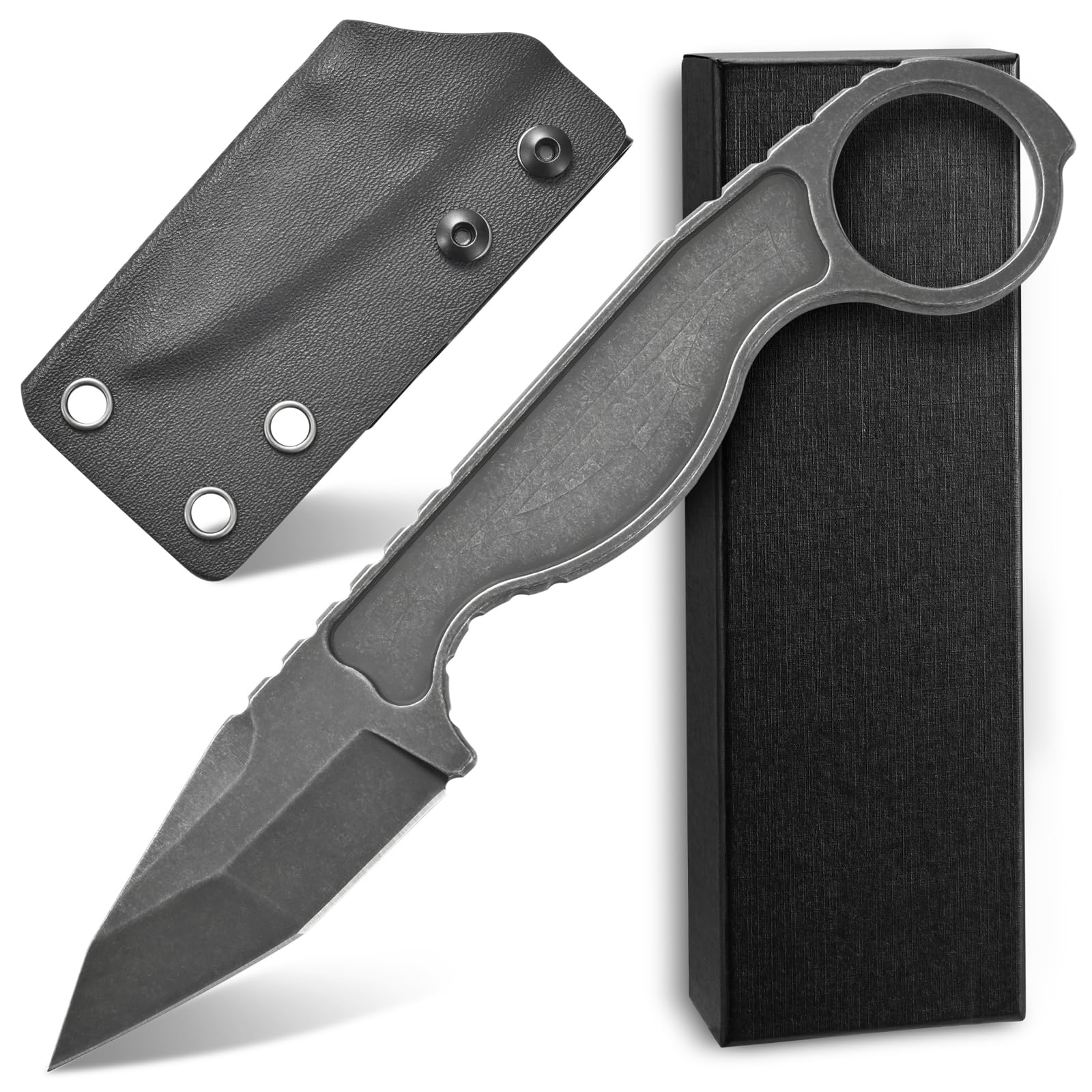 Ccanku C1101 Fixed Blade Knife D2 Blade, Stainless Steel Handle and Knife Kydex Sheath for Outdoor Hunting, Survival and EDC Tool(Black)