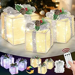 AMENON 3 pacotes de caixas de presente de enfeites iluminadas de Natal com controle remoto de temporizador de 12 modos, operado por bateria 60 branco quente e mudança colorida iluminam a dec