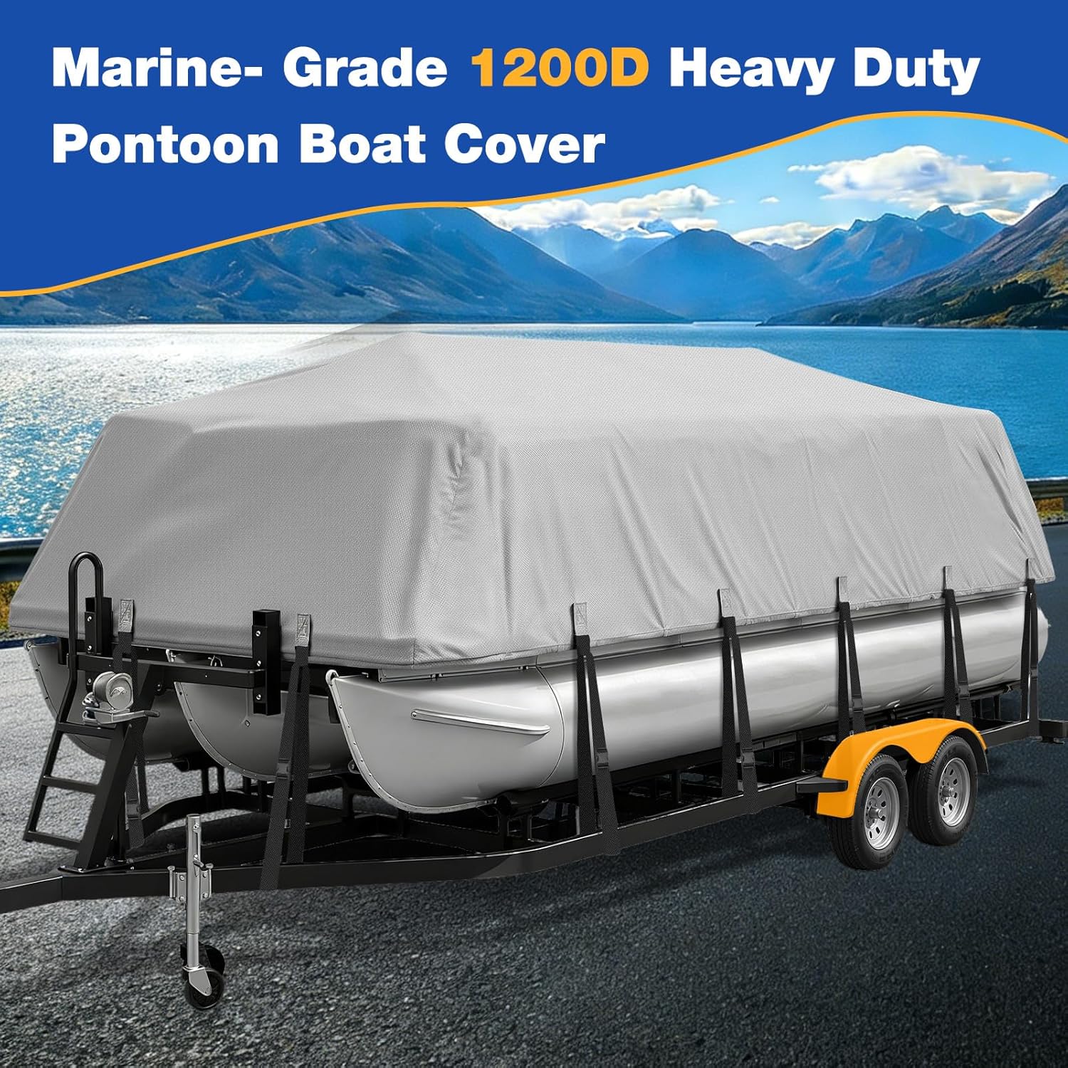 Pontoon Boat Cover 22-24 ft, 1200D Heavy Duty Waterproof Pontoon Cover with 16 Windproof Straps, Elastic Hem & Storage Bag, Fits 22 ft 23 ft 24 ft Boats Up to 8.5 ft Beam, Gray