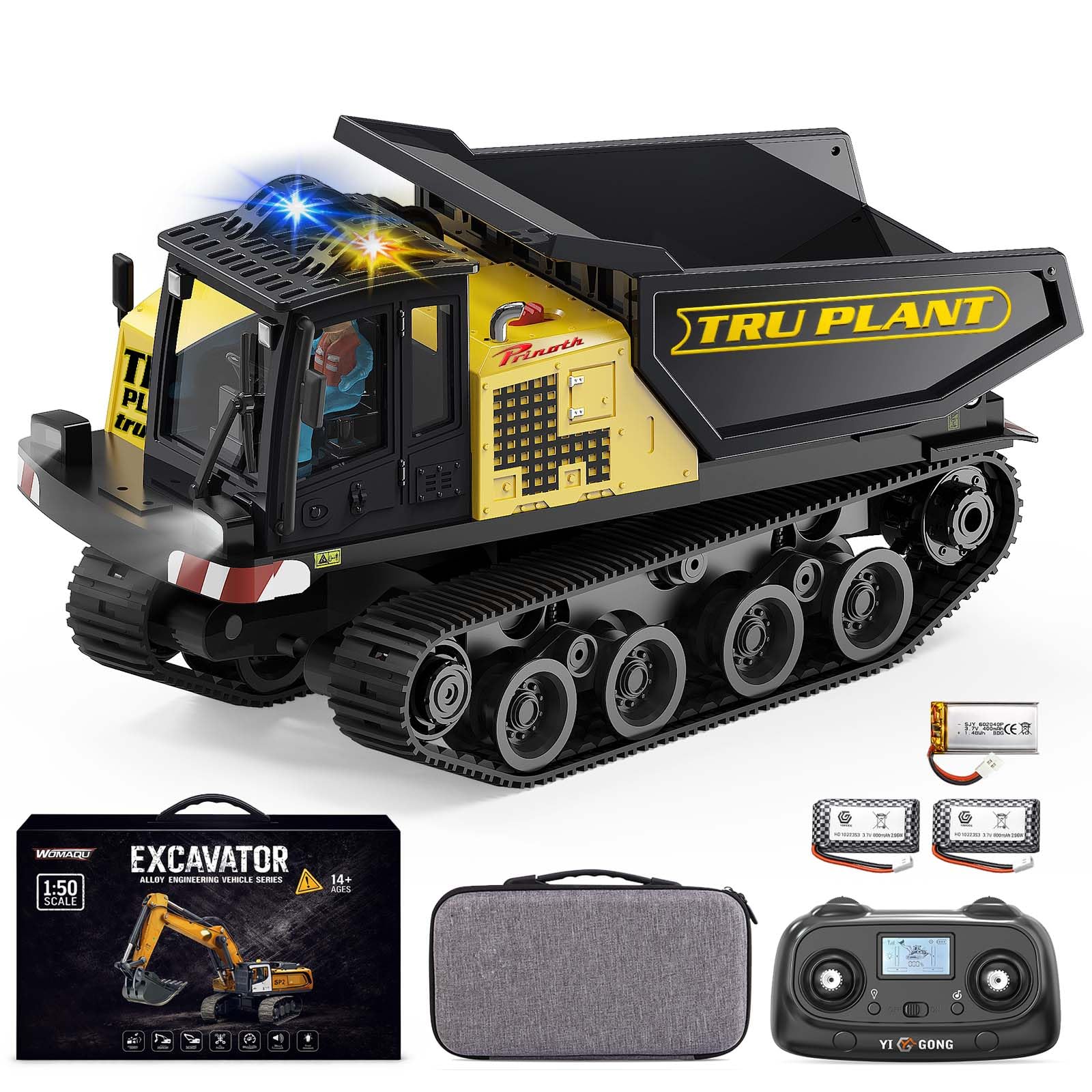 Dumper cingolato radiocomandato 1:50, camion ribaltabile RC con telaio in metallo e cassone metallico, controllo proporzionale, telecomando LCD 2,4 GHz, luci e suoni, 2 batterie, per dai 6 anni