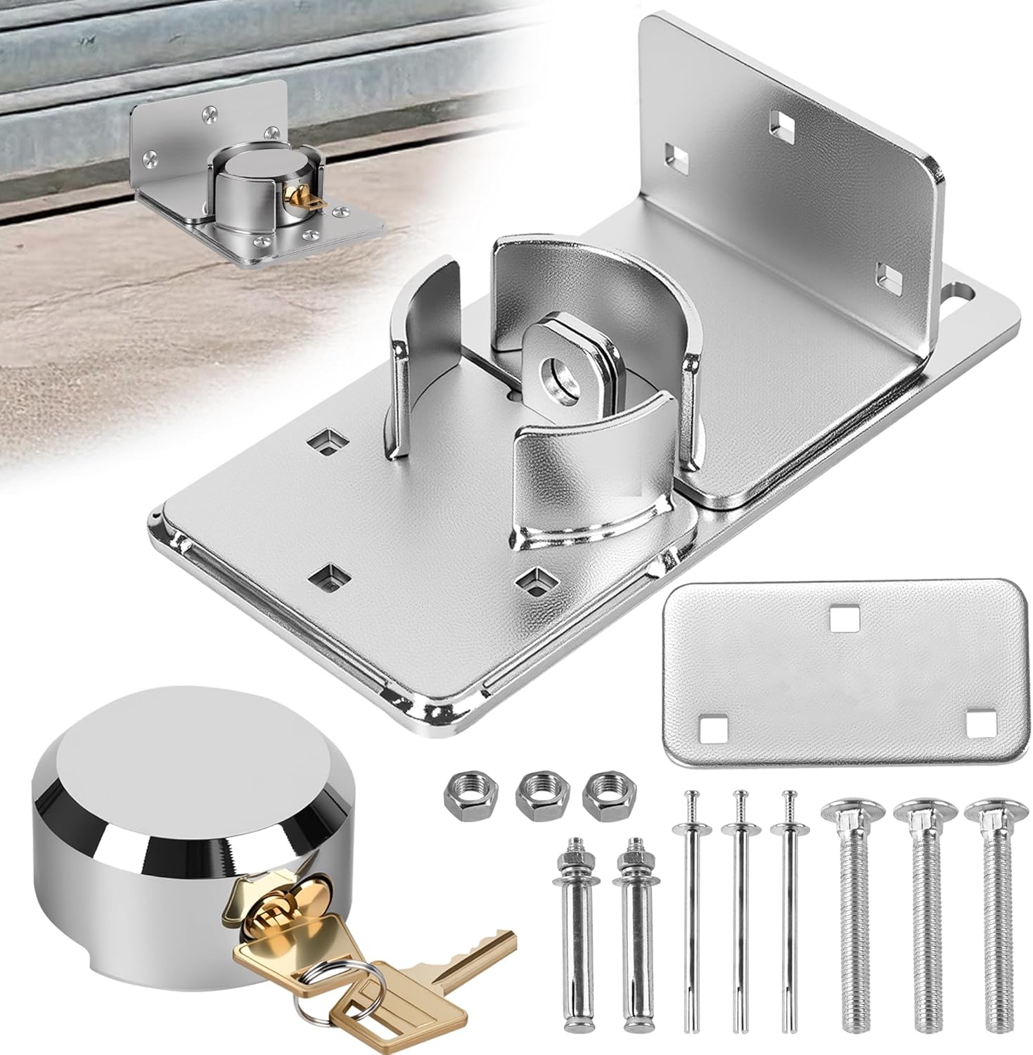 Heavy-Duty Solid Steel Roll-Up Door Lock，High-Security Hidden Shackle Padlock and hasp Set, Comes with 2 Keys, specifically Designed for Garage Doors to Prevent Unauthorized External Access