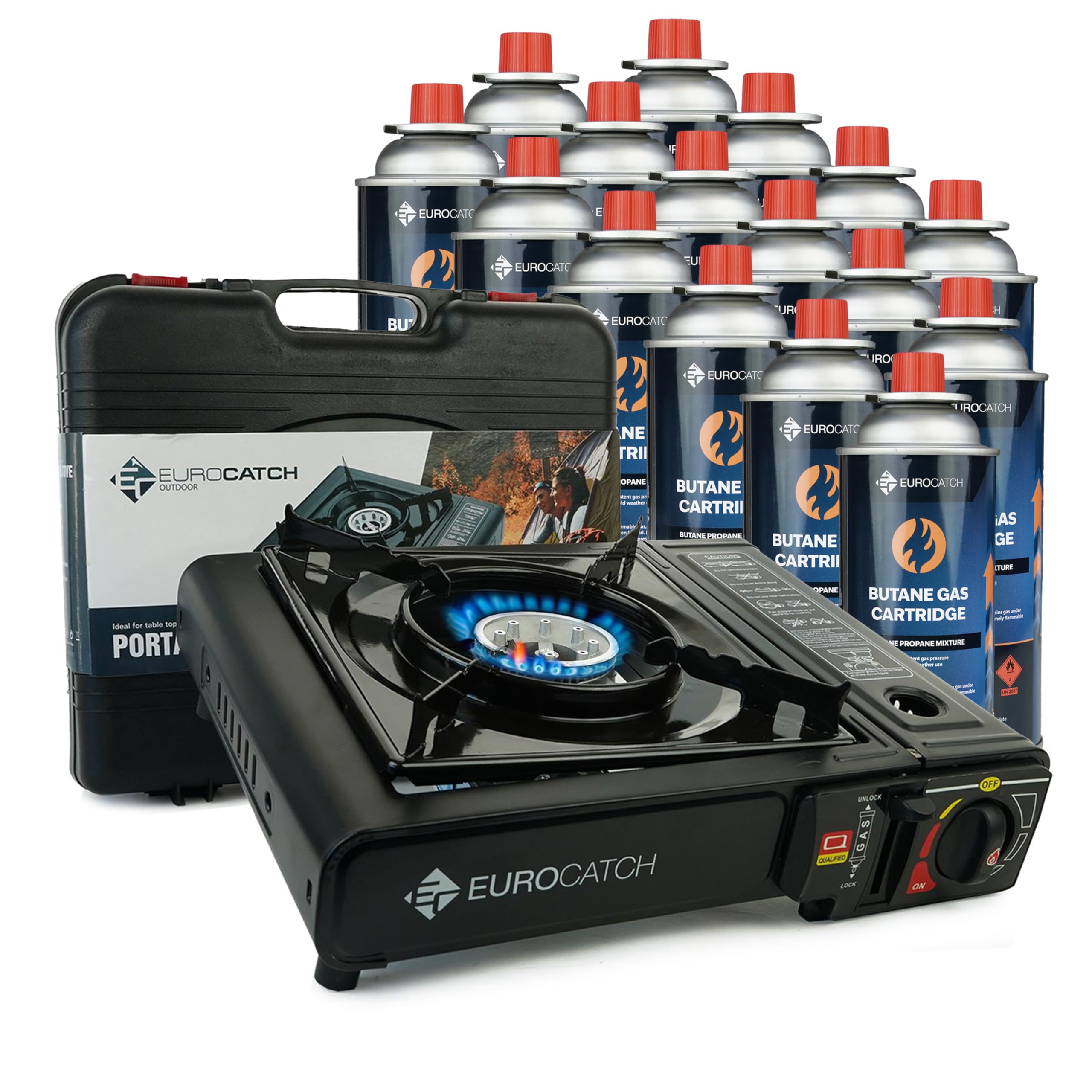 Eurocatch Gas Cooker - incl. 16 Gas Bottles - Gas Stove - Camping Cooker - Gas Burner - Gas hob - Gas Cooker - Carrying Case