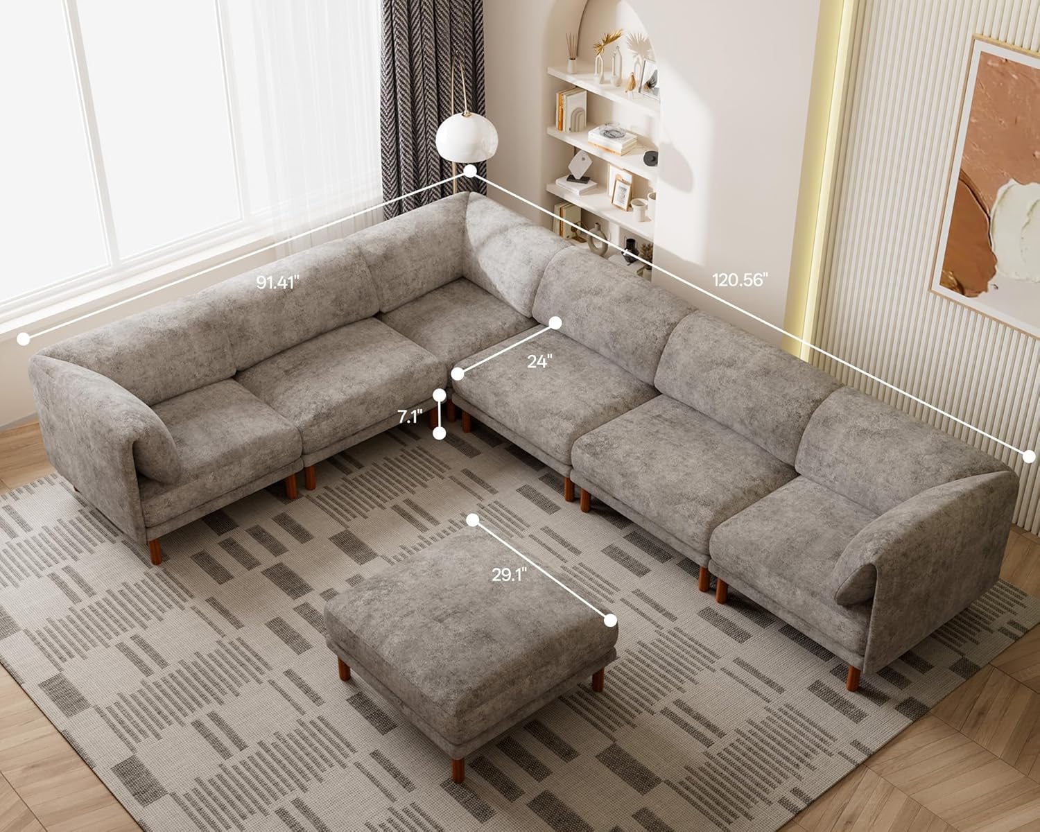 Modular Sectional Sofa, High-Leg Design Solid Wood Frame Mid Century Couch, Deep Seat 6 Seater L Shaped Comfy Couch,Free Combination Sectional Couches for Living Room Gray