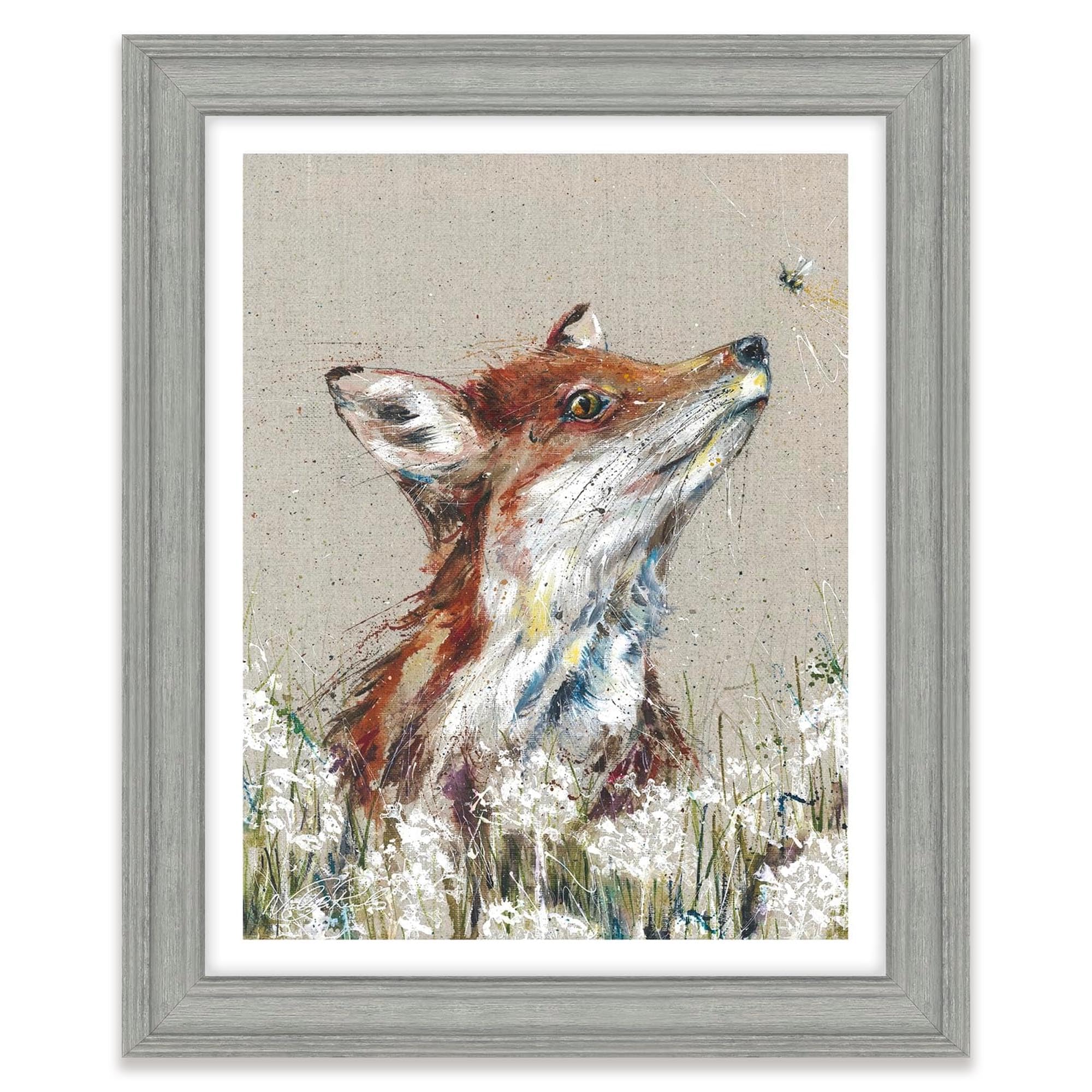 Artko Fox & Wildflowers Framed Print Wall Art - 'Finley' by Nicola Jane Rowles - Contemporary Wildlife Picture - Ready to Hang Home Décor - 35cm x 29cm