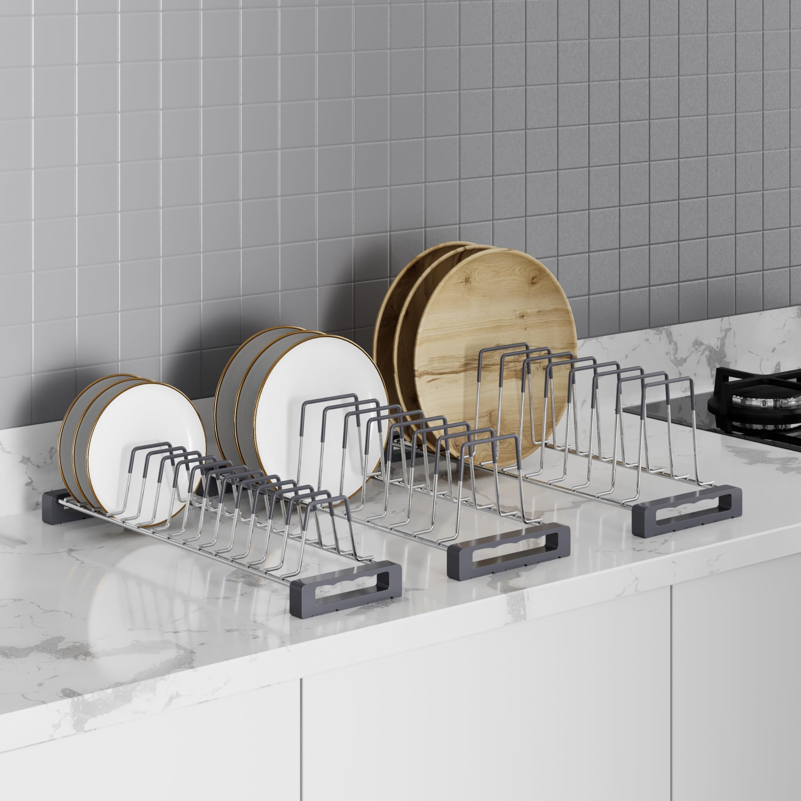 NNIDHI Set of 3 Heavy-Duty Stainless Steel Plate & Thali Stand for Modular Kitchen Countertop Storage | Fit 20-Inch Tandem Drawers | Rust-Proof Mirror Shine Finish (1 Thali + 1 Plate + 1 Saucer Stand)