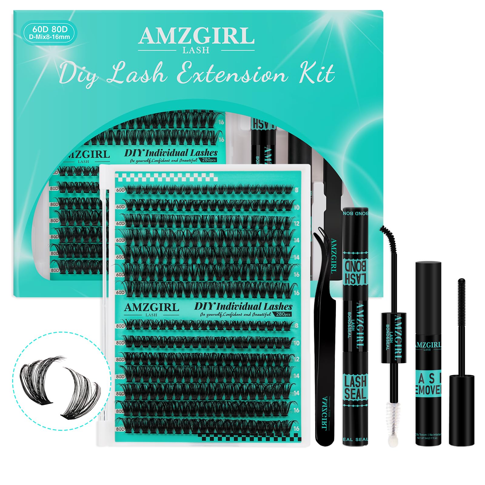 Lash Clusters Kit 280Pcs,60D 80D Eyelash Extension Kit,Lash Bond and Seal Waterproof,Lash Remover for Individual Cluster Lashes Kit,Lash Applicator
