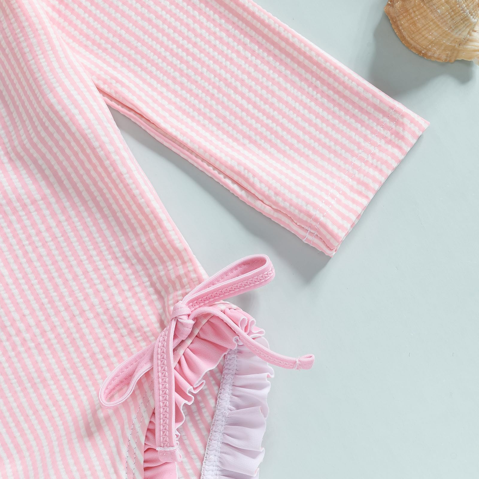 Maillot de Bain Rayé à Volant pour Bébé Fille Adorable Maillot Une Pièce Zippé Manches Longues Anti-UV avec Chapeau Ensemble pour Plage Été 6 Mois à 3 Ans