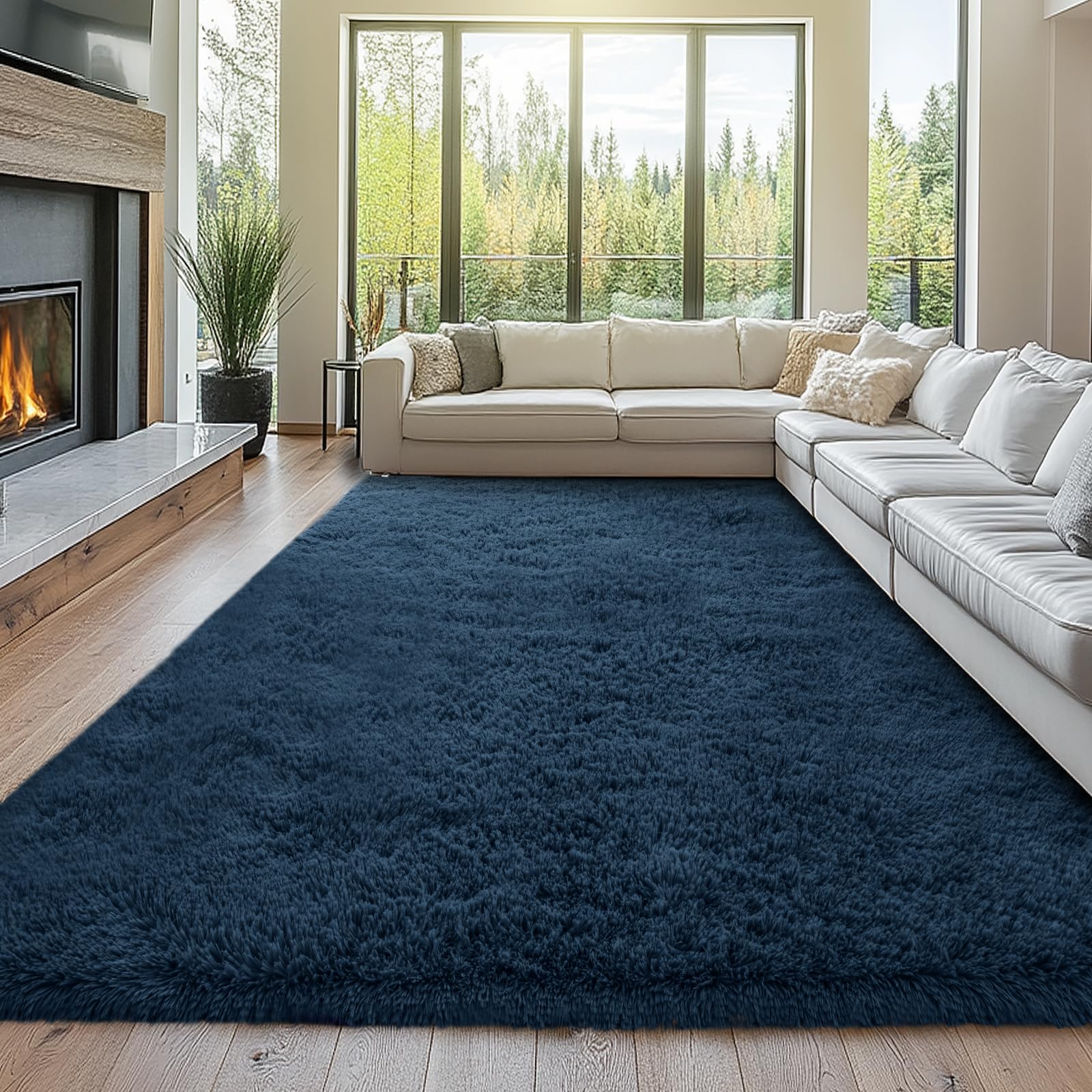 Photo 1 of 10x12 Navy Blue Shag Area Rug for Living Room - Plush Shaggy Carpet
