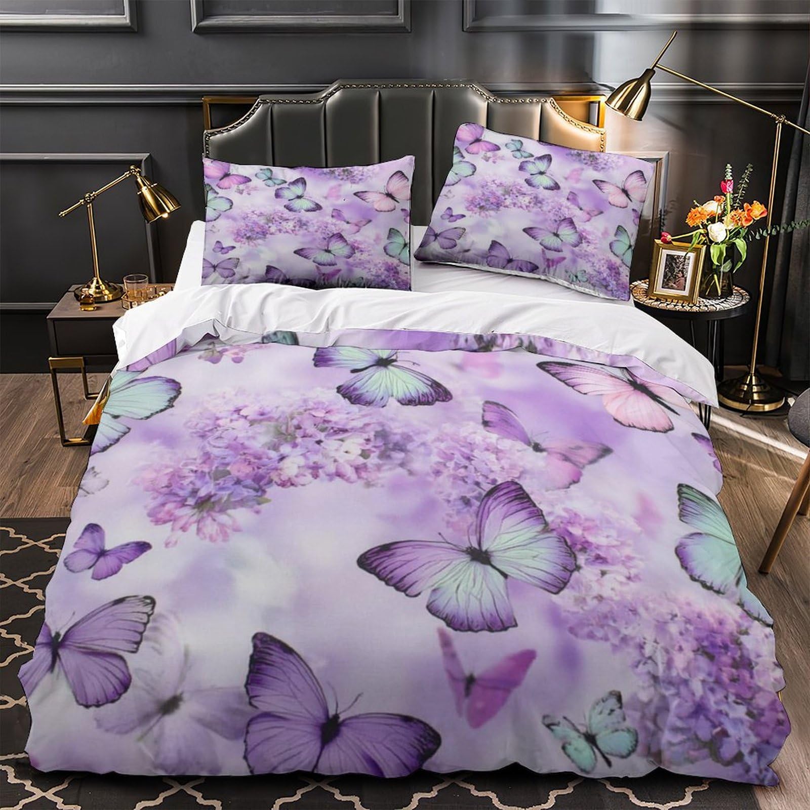 Housse de couette fille 135x200 cm violette motif floral papillon