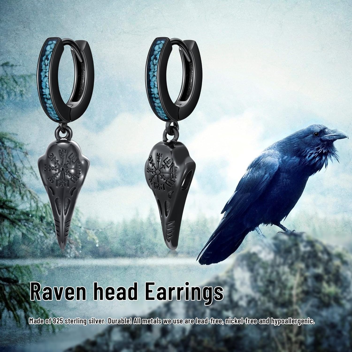 Black Raven Skull Hoop Earrings for Men Women 925 Sterling Silver Viking Crow Bird Skull Turquoise Dangle Drop Earrings Norse Gothic Jewelry Christmas Halloween Gifts for Husband Dad - Image 7