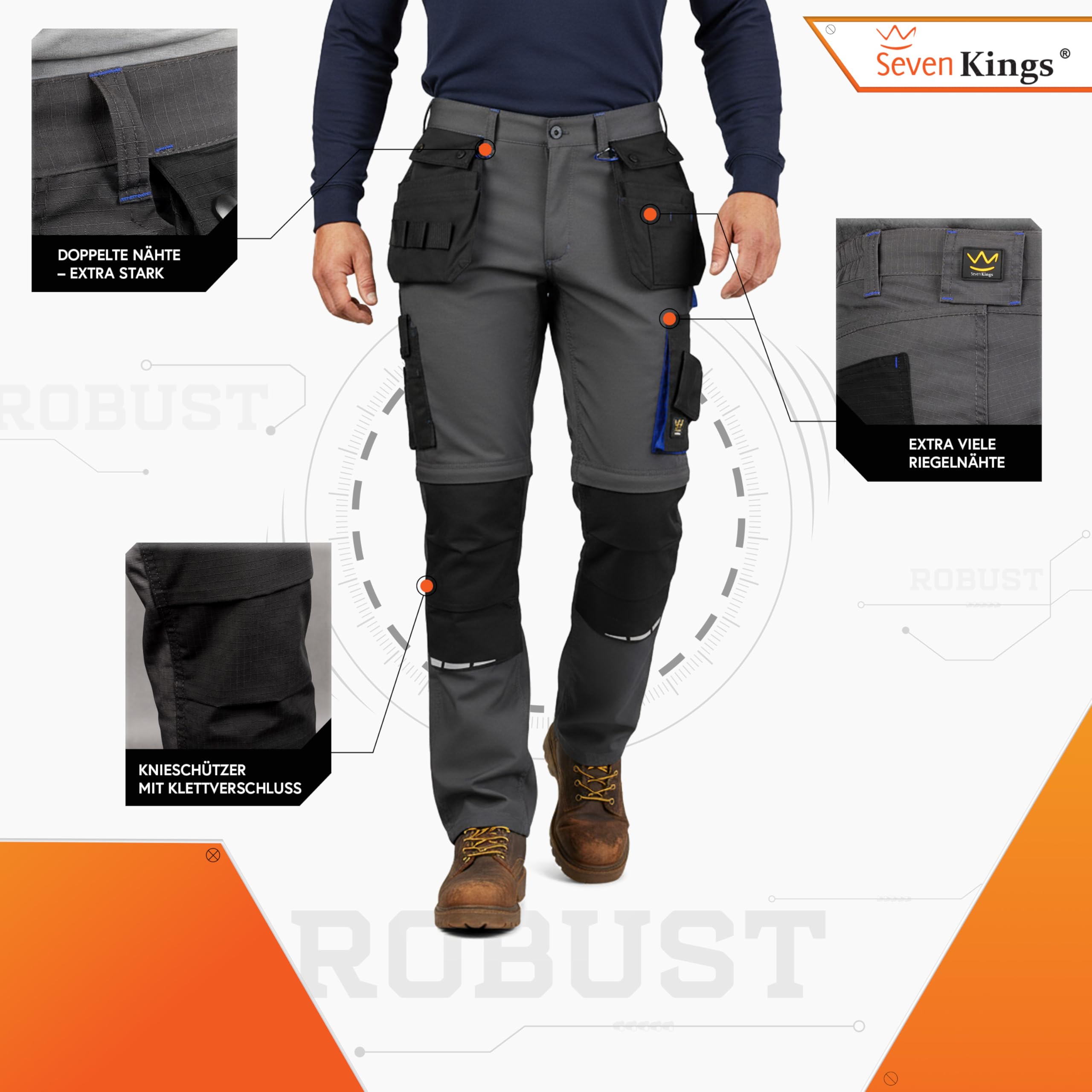 Seven Kings Arbeitshose Herren Ripstop Schwarz – Arbeitshosen Männer Stretch mit abnehmbaren Holstertaschen – mit abnehmbares Beinteil für heiße Tage – Gummizug im Bund – viele Taschen