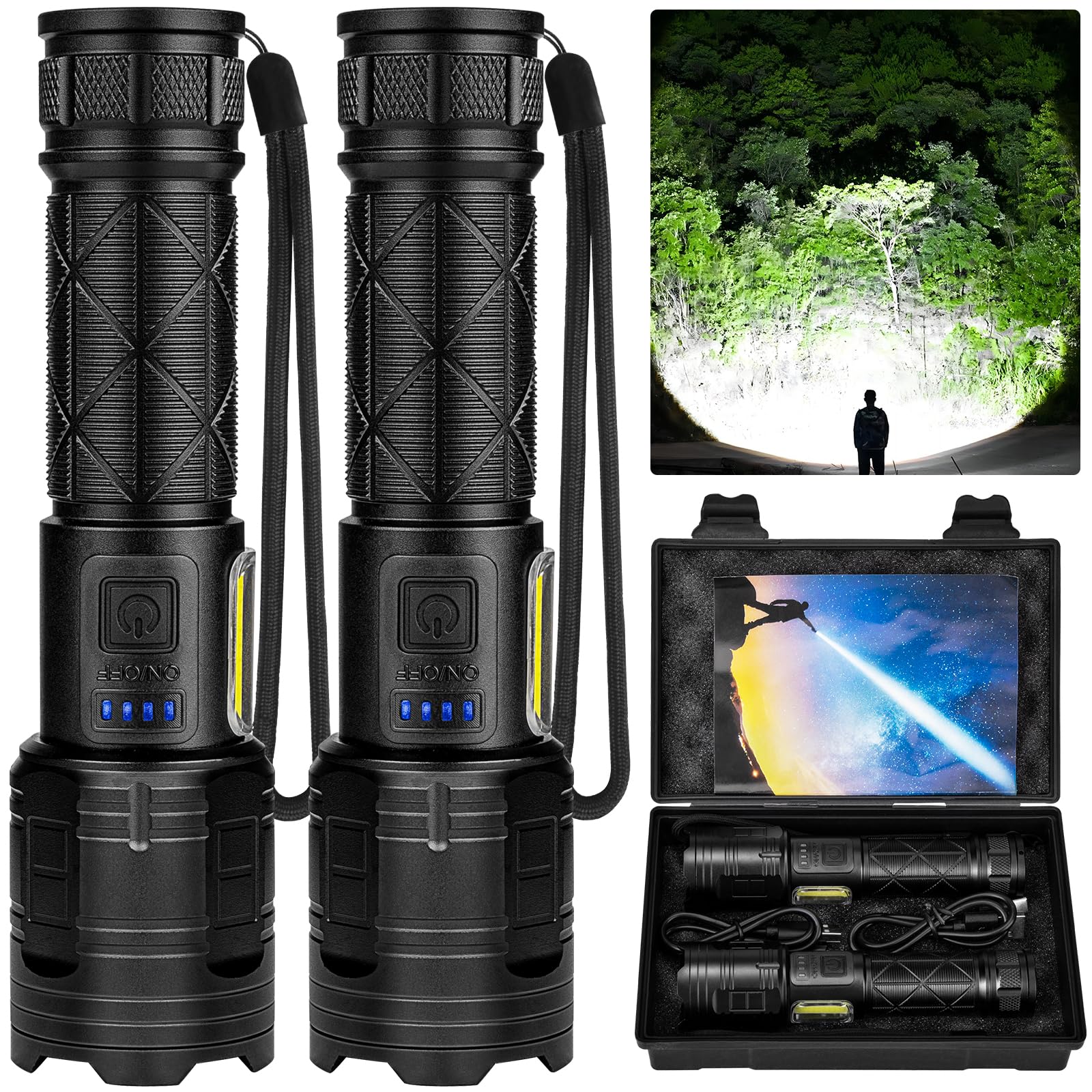 Lylting Lampe de poche LED rechargeable, 100 000 lumens extrêmement lumineuse, rechargeable par USB, 7 modes, zoomable, étanche IPX6, lampe de poche tactique portable pour camping, randonnée