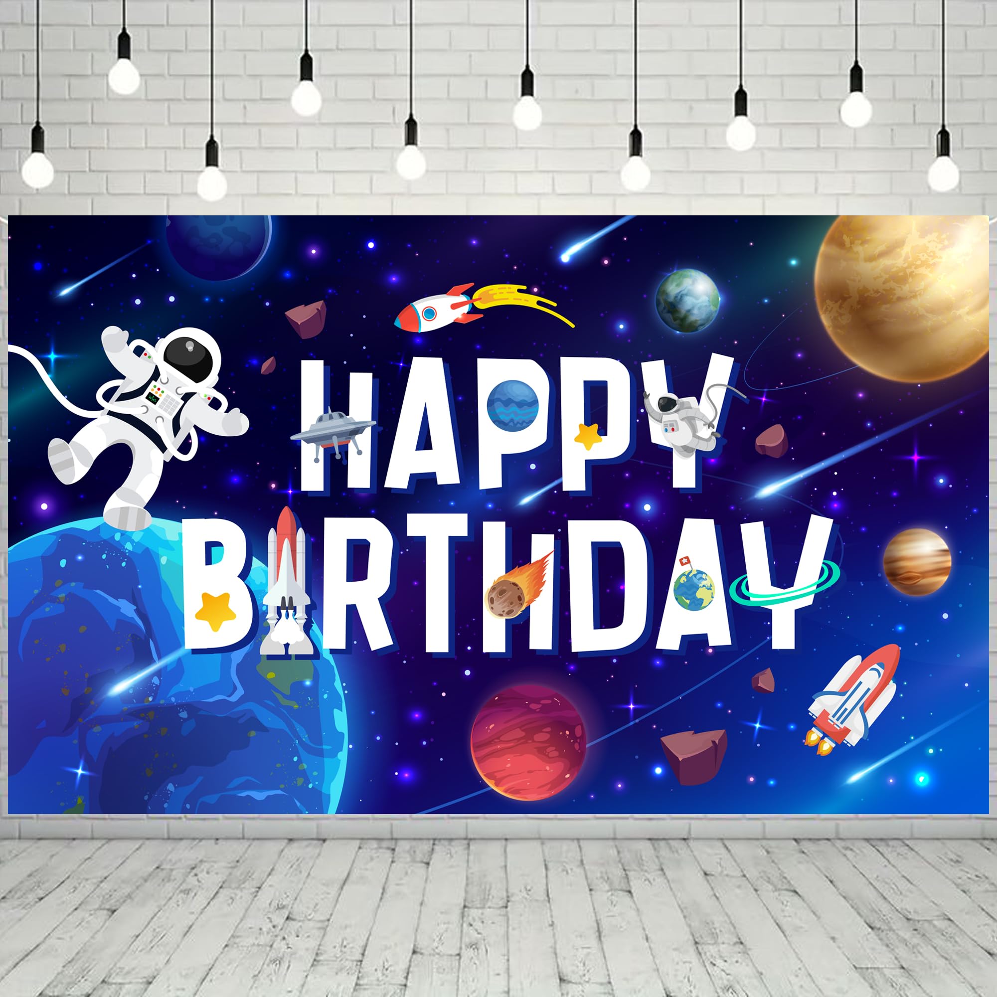 Space Backdrop, 71'' x 43'' Outer Space Birthday Backdrop, Outer Space Happy Birthday Backdrop & Space Themed Party Backdrop, for Outer Space Party
