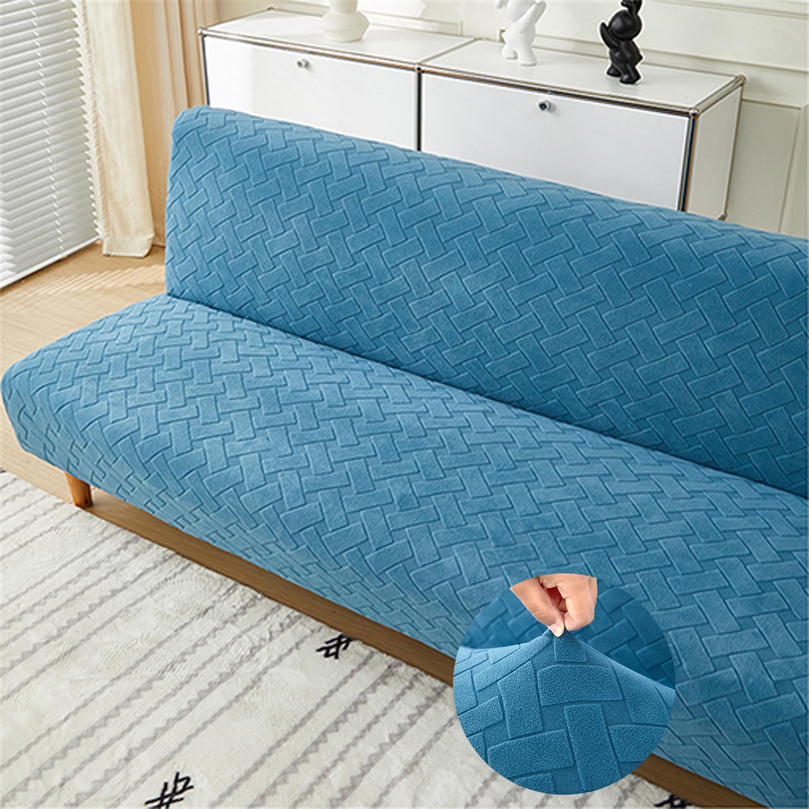 Surwin Armless Sofa Bed Cover Velvet Jacquard Non Slip Stretch Futon Slipcover Protector for 2 Seater/3 Seater Folding Sofa Bed without Armrests (Blue,L:190-210cm)