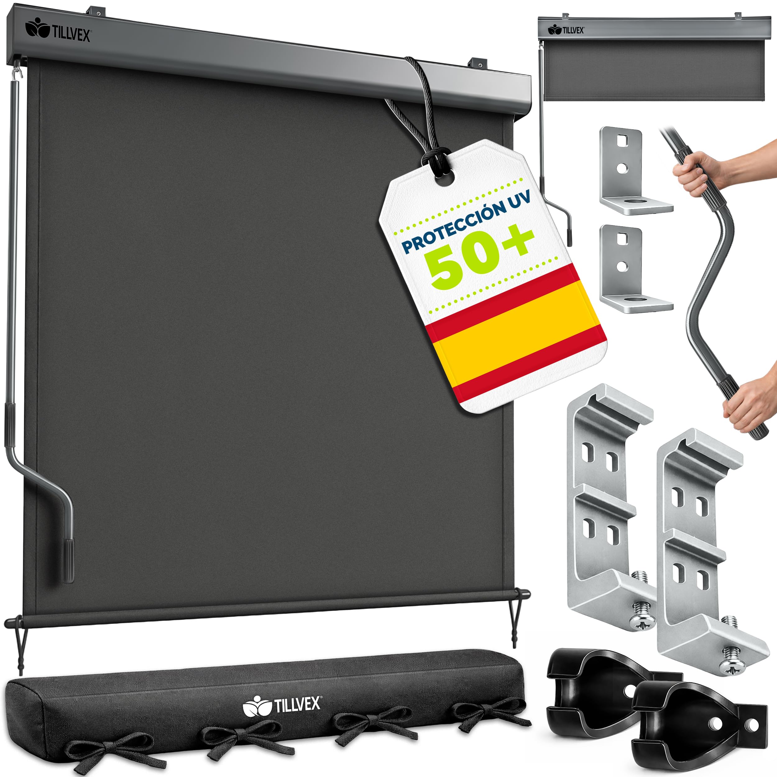 tillvex® Toldo Vertical de 200 x 250 cm para Exterior e Interior con Cubierta | Resistente al Agua con manivela para balcón, terraza y jardín | Estor para balcón, protección Solar de Aluminio