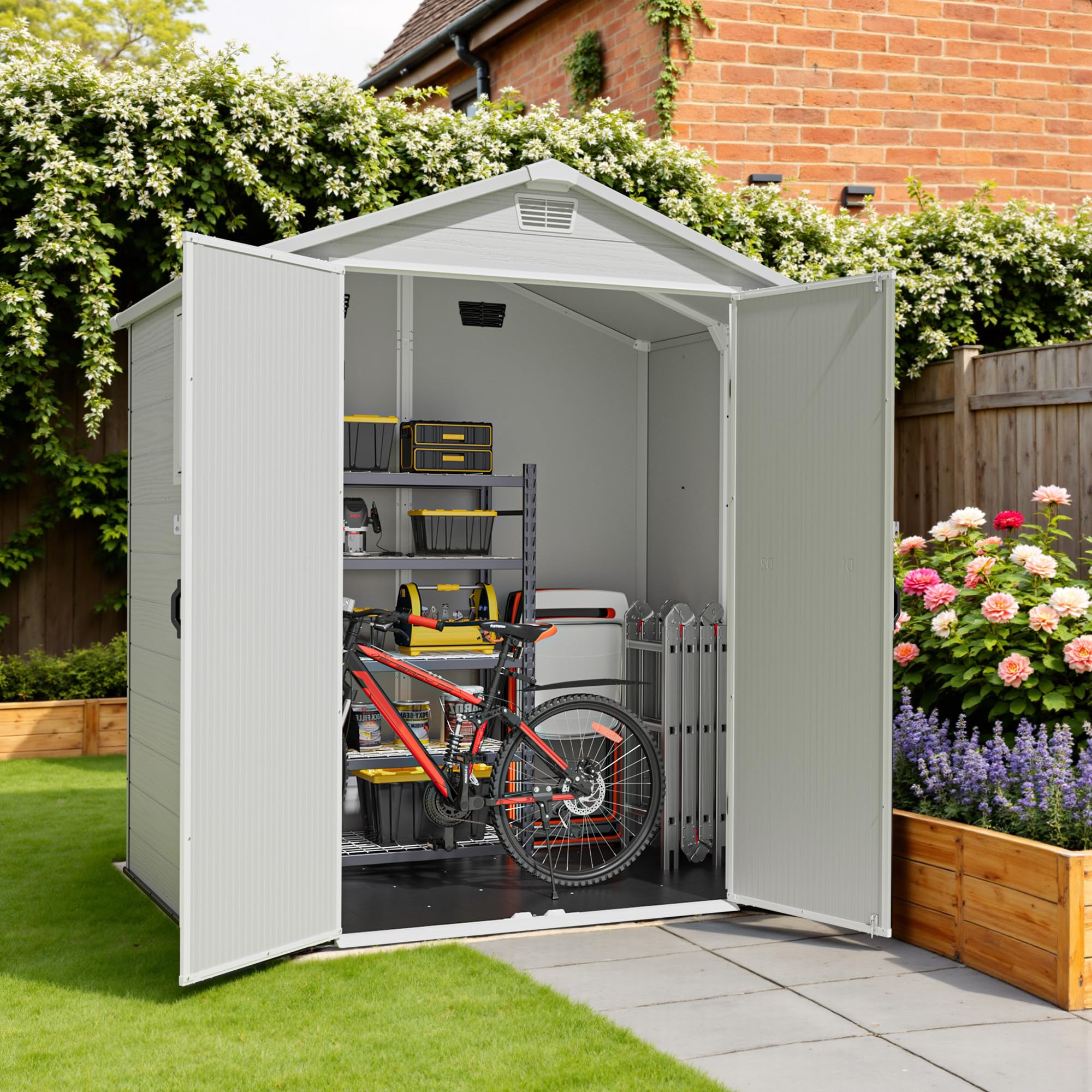 Devoko 6x4 Gartenhaus Kunststoff 4,7m³, 185x121x210 cm Gerätehaus mit Boden, Geräteschuppen, Fahrradschuppen mit Abschließbar Tür, Wetterfest für Garten Rasen, Hellgrau