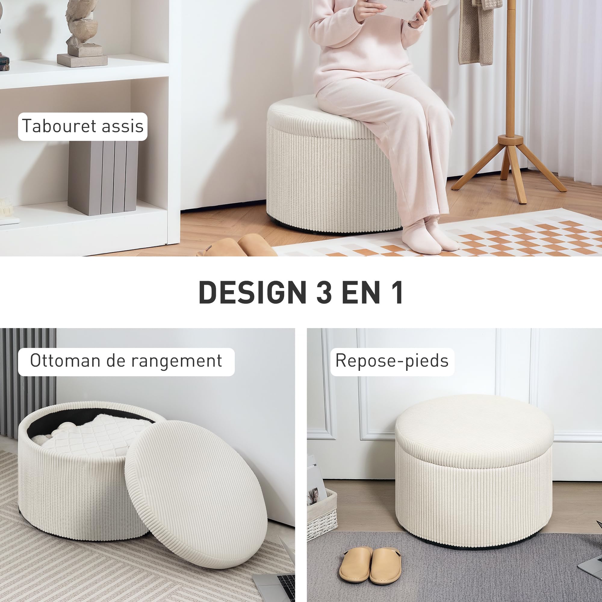 HOMCOM Pouf Coffre Rangement, Tabouret Rond, 120 Kg, Ø 60 x 41 cm, Beige