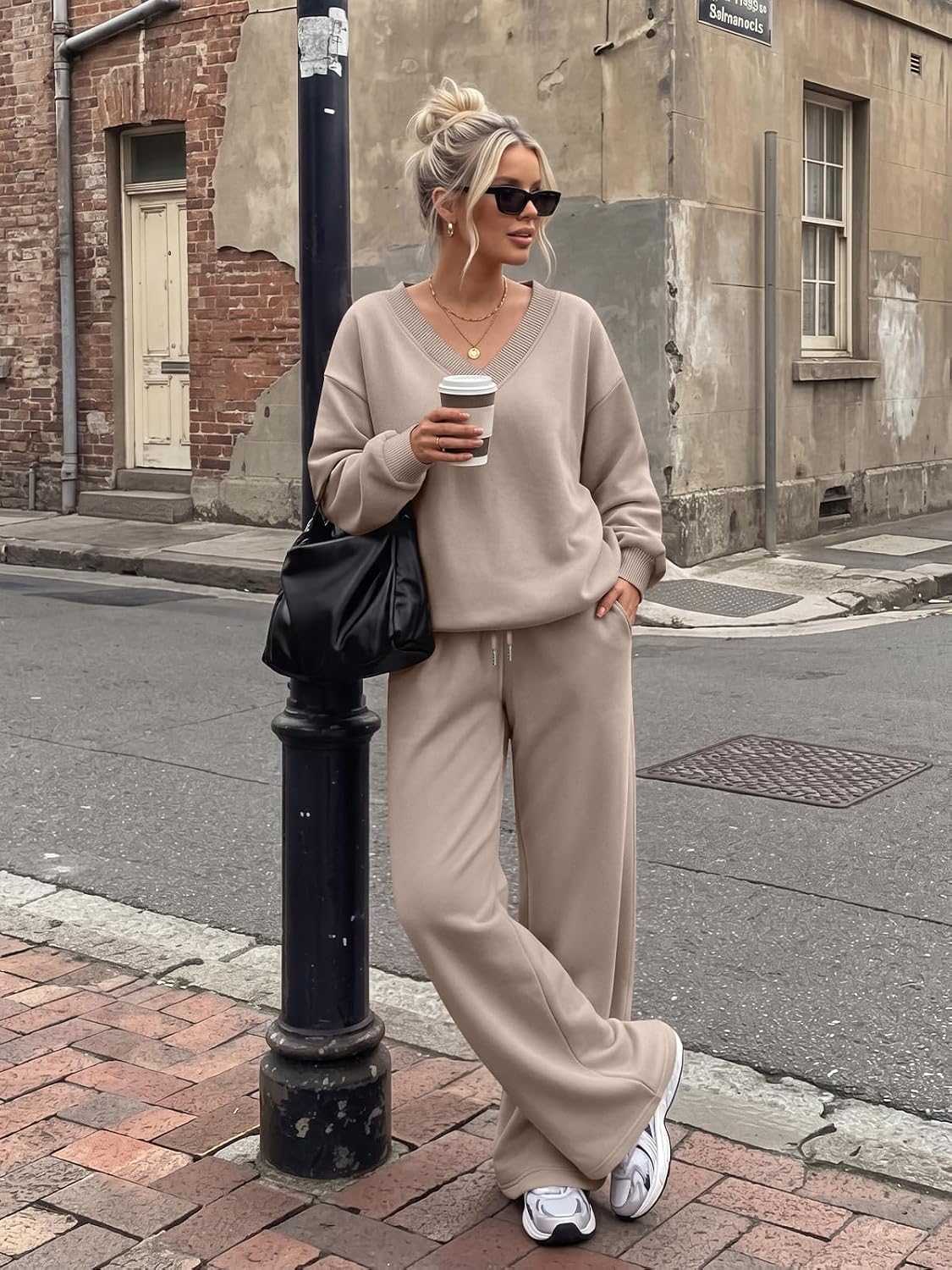 Trendy Queen Women's Sweatsuits 2 Piece Outfits Sweat Sets | Comfortable V Neck Sweatshirts,Wide Leg Sweatpants with Pockets,Fall and Winter Clothes