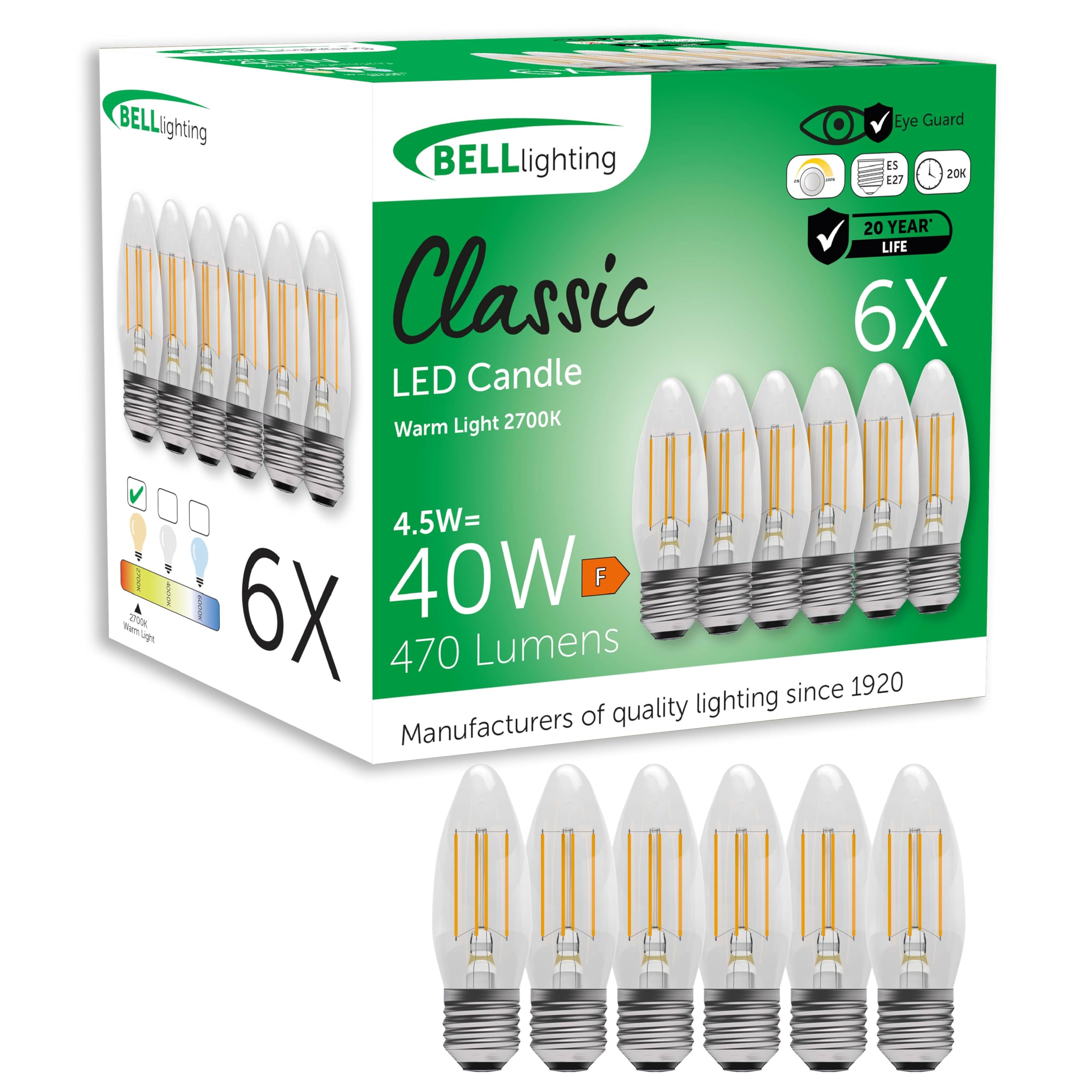 BELL Lighting E27 Dimmable LED Filament Candle Bulbs 6 Pack, Warm White - 2700k