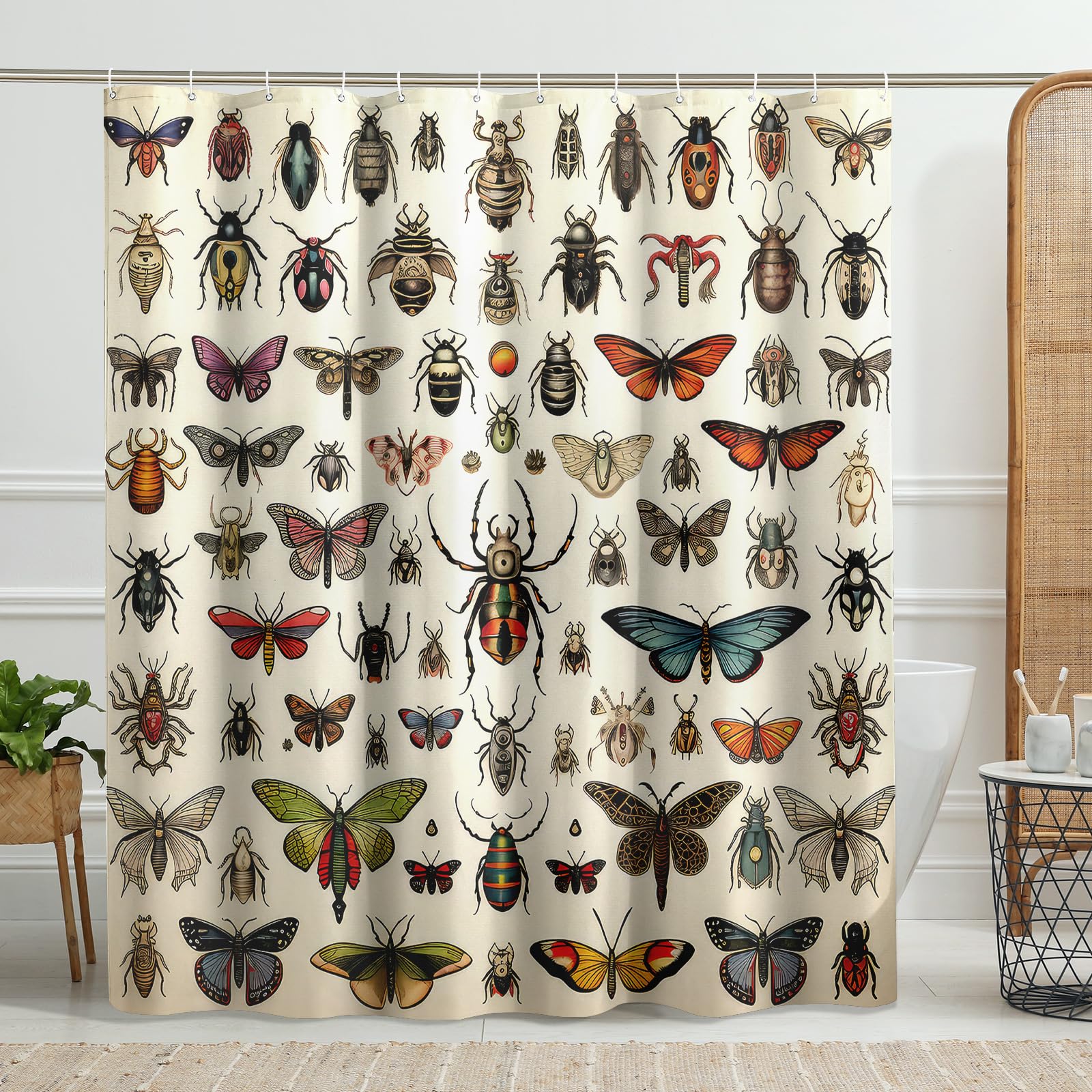 Vintage Bug Pattern Shower Curtain with Hooks Butterfly Moth Nature Classic Retro Biology Beige Polyester Bathroom Accessories Waterproof Home stall