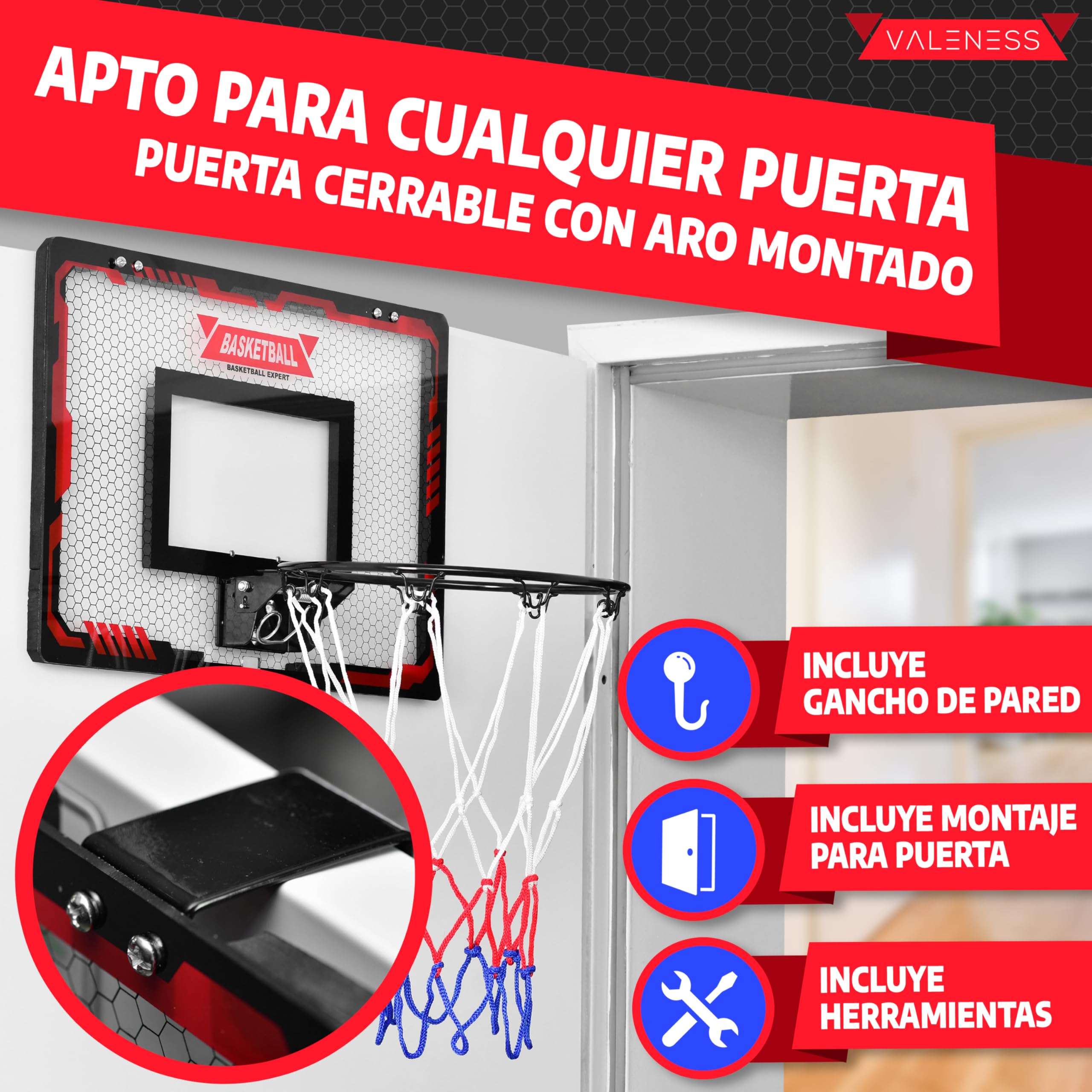 Mini Canasta de Baloncesto Interior [para Puerta & Pared] - Aro de Baloncesto Pequeño con Función de Mate, 4 Pelotas, Bomba & Accesorios de Montaje - para Niños y Adultos