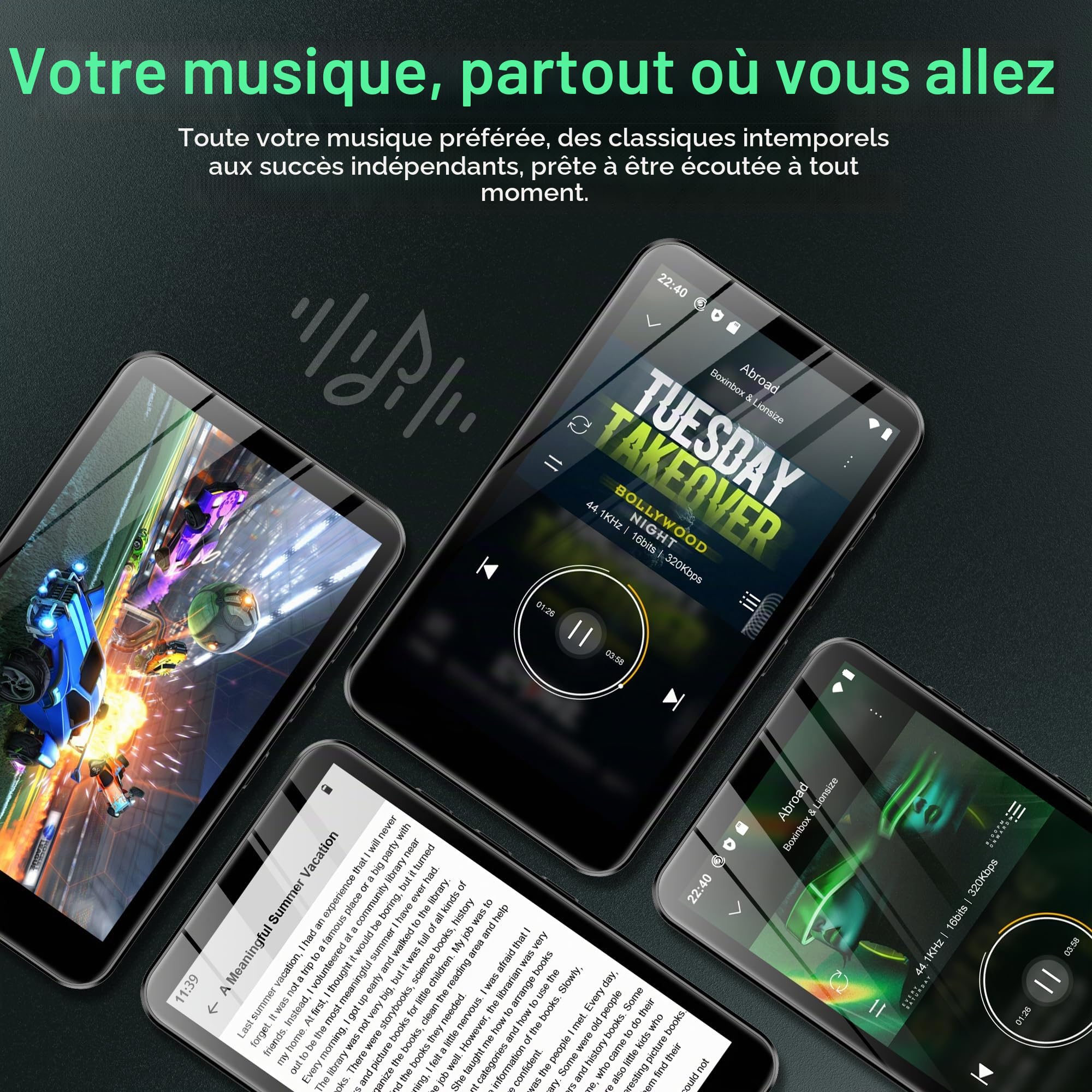 Lecteur MP3 SWOFY D08 32GB sous Android 13, écran Tactile 4 Pouces. Doté du Bluetooth et du WiFi, il Prend en Charge Spotify, Audible, Play Store et la Radio FM. Capacité Extensible Jusqu’à 1 to