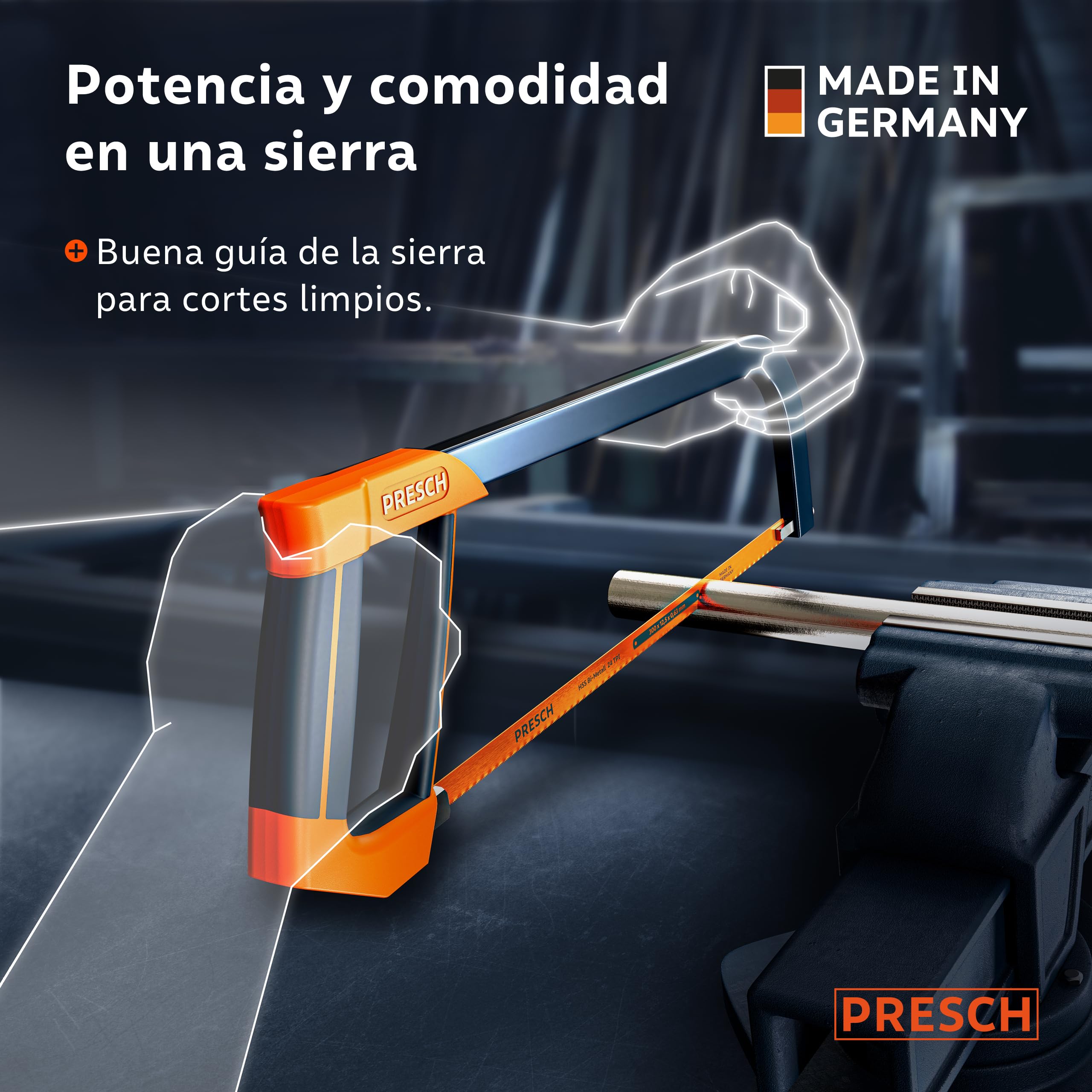 Presch Sierra de arco 300mm - Con hoja de sierra BI-metal para un corte preciso - 90° Rotación de la hoja de sierra para cortes horizontales y verticales - Mango con llave de tensión incluida