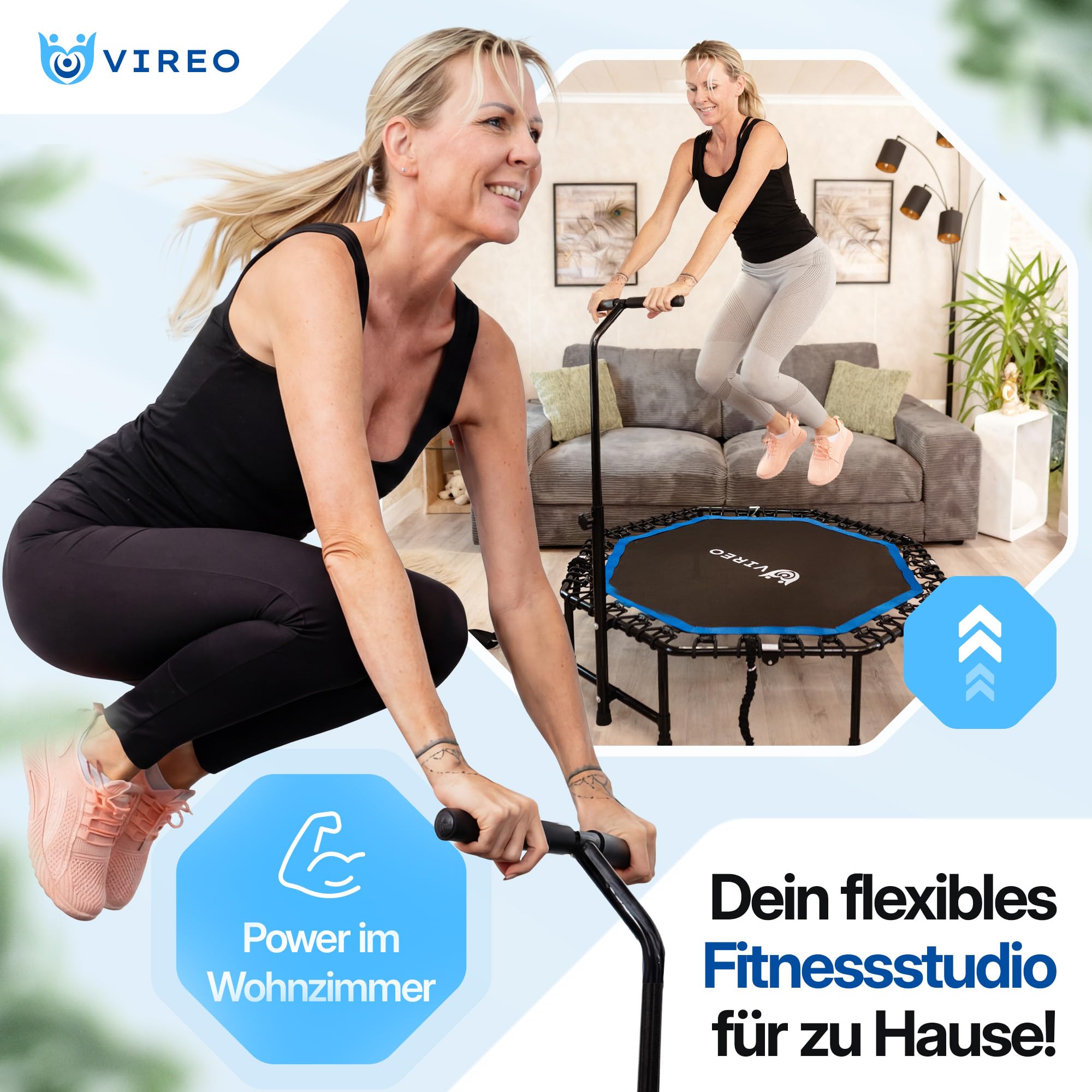 VIREO Fitness Trampolin Indoor Erwachsene [Klappbar & Stabil] mit Haltegriff – Mini Trampoline Ø 102 cm bis 150 kg, Leise & Gelenkschonend, Jumping Fitness & Sprung für Zuhause inkl. Widerstandsbänder