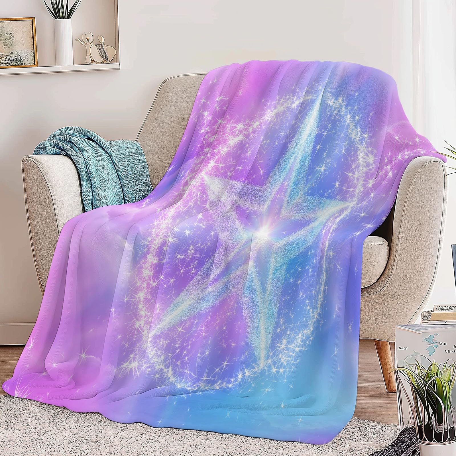 Genérico Akwarelowa Pięcioramienna Gwiazda Koc Flanelowy 220 x 240 cm Koce Sherpa, Wielokolorowe Super Puszyste Wełniane Koce Dorosłych I Dzieci Miękki Ciepły Koc Łóżko