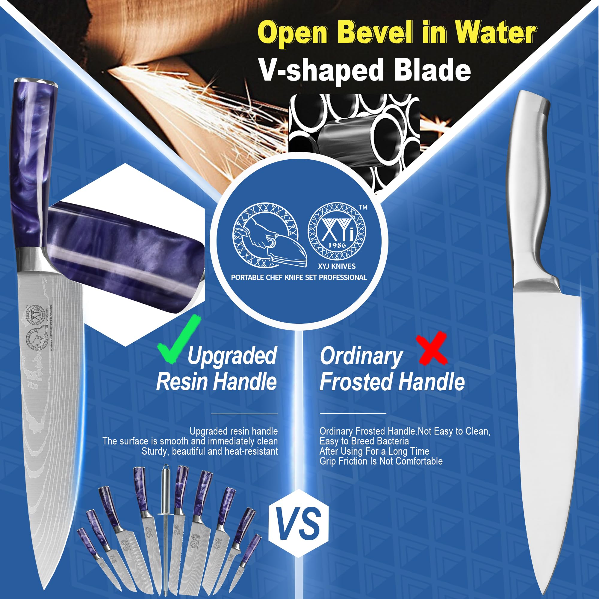 XYJ Autentico Dal 1986, Coltelli Chef Giapponesi da 10 pezzi Set con Affiliatore Rod Rolling Bag & Fodera, Coltelli Cucina In Acciaio Inox, Paring Santoku Taglio Coltelli Strumenti