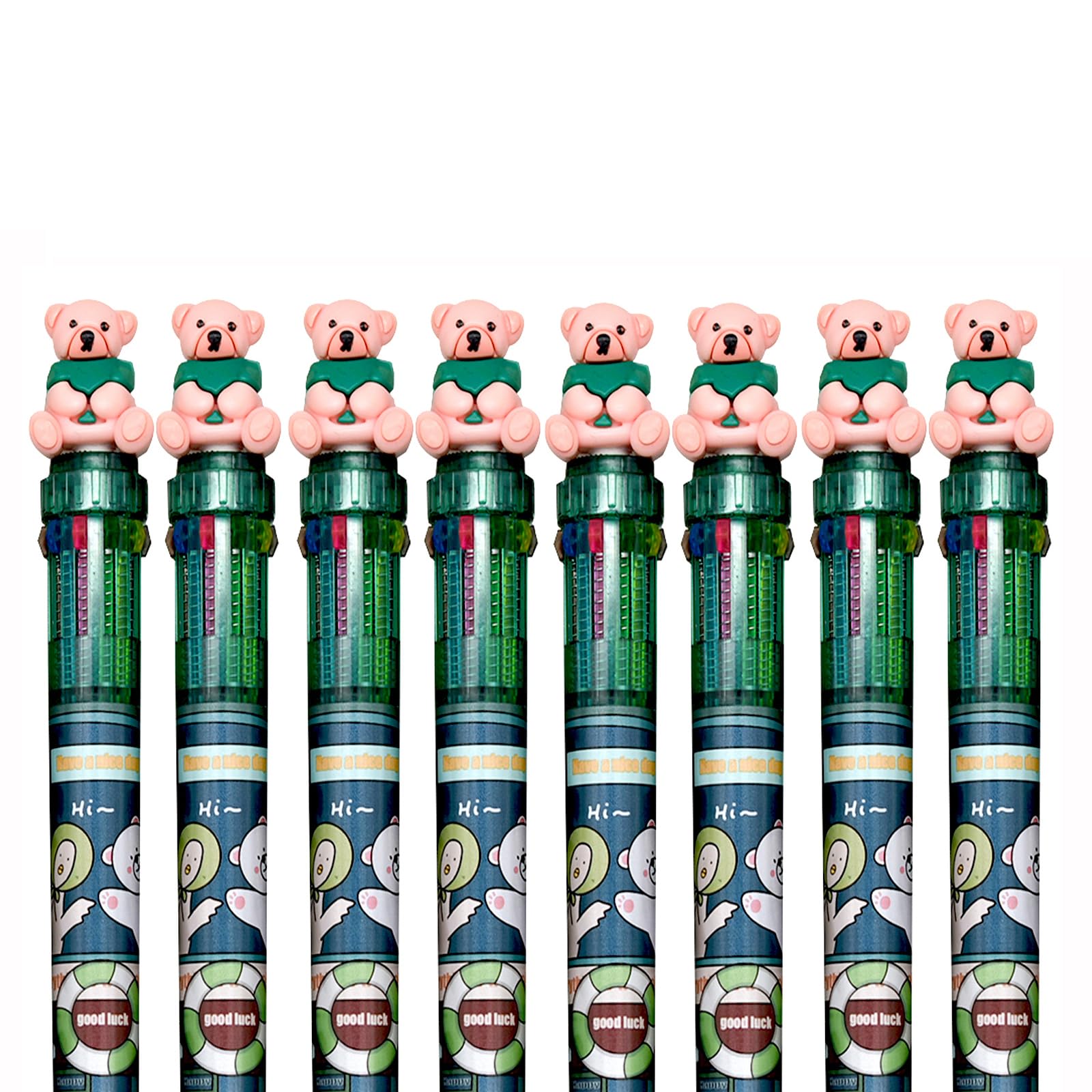 Lot de 8 stylos à bille rétractables 10 en 1 avec motif d'ours mignon de 0,7 mm, 10 couleurs, thème animal de dessin animé, fournitures de papeterie, cadeaux d'anniversaire