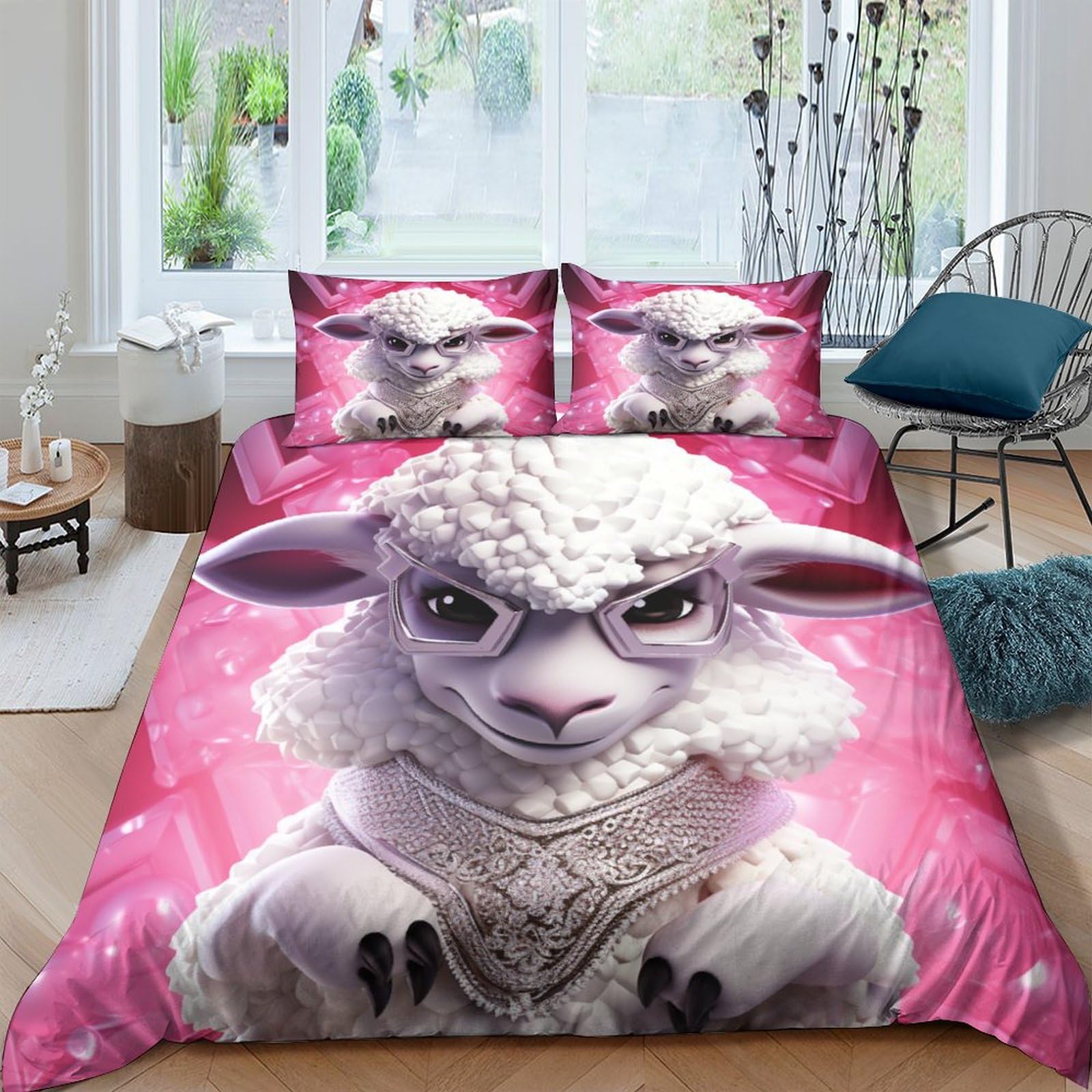Housse de couette motif alpaga 220x240 cm avec parure de lit microfibre