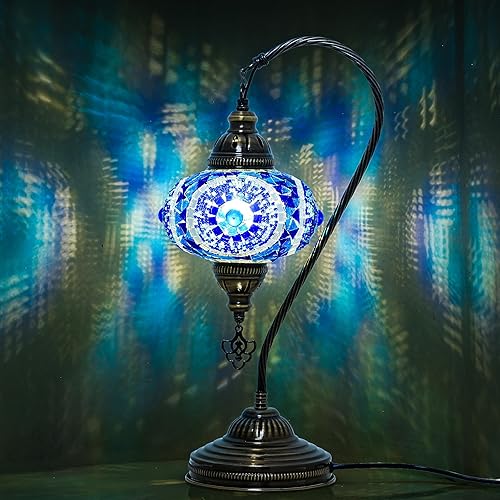 Miniatura 4 de Mozaist Lámpara de mosaico turco hecha a mano con bombilla, luz de mesa marroquí con cuello de cisne azul de ojo malvado para sala de estar o