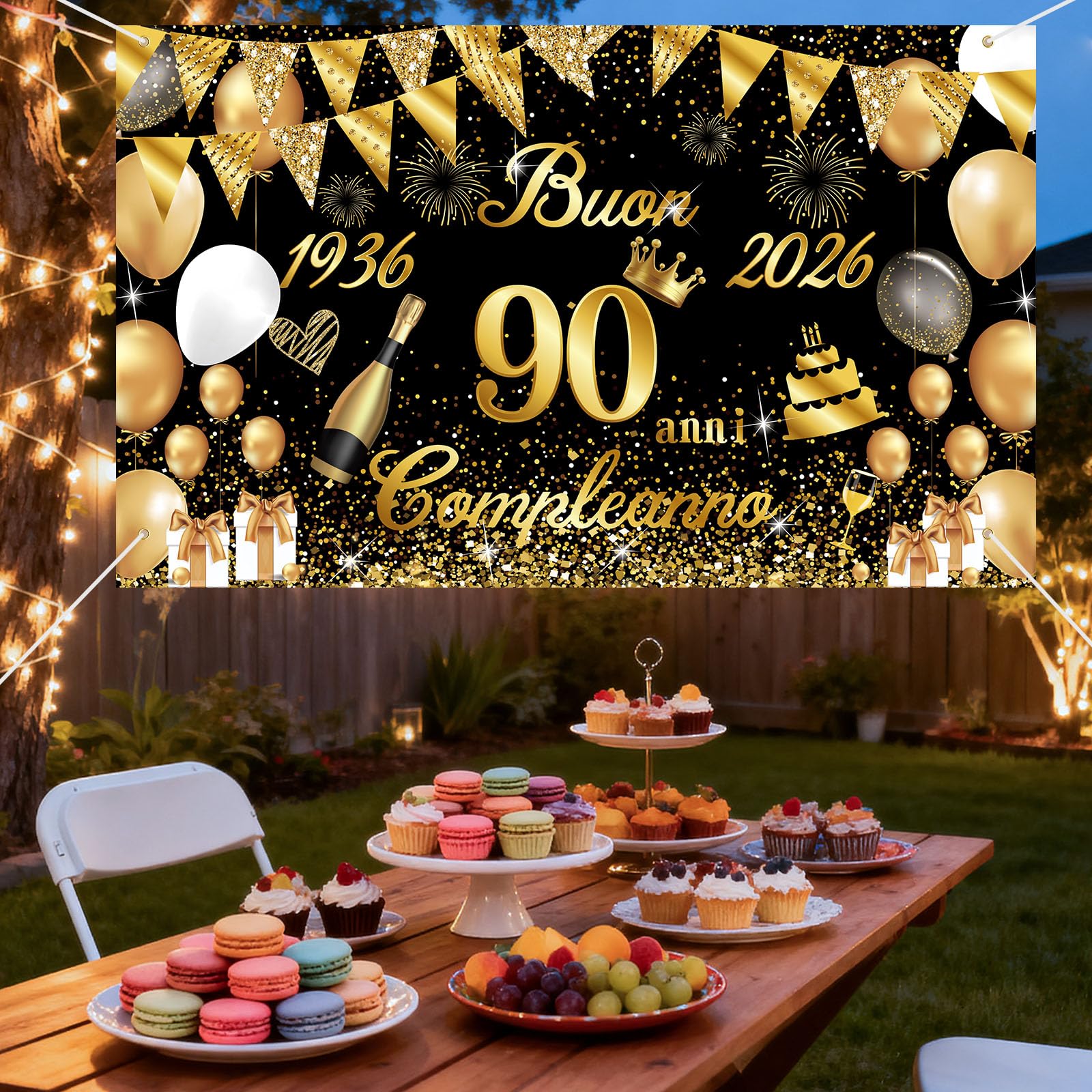 Decorazioni Per 90° Compleanno KAYLRE – Striscione Tessuto Viola E Nero 185x110 Cm, Con Corda, Per Festa Uomo/donna