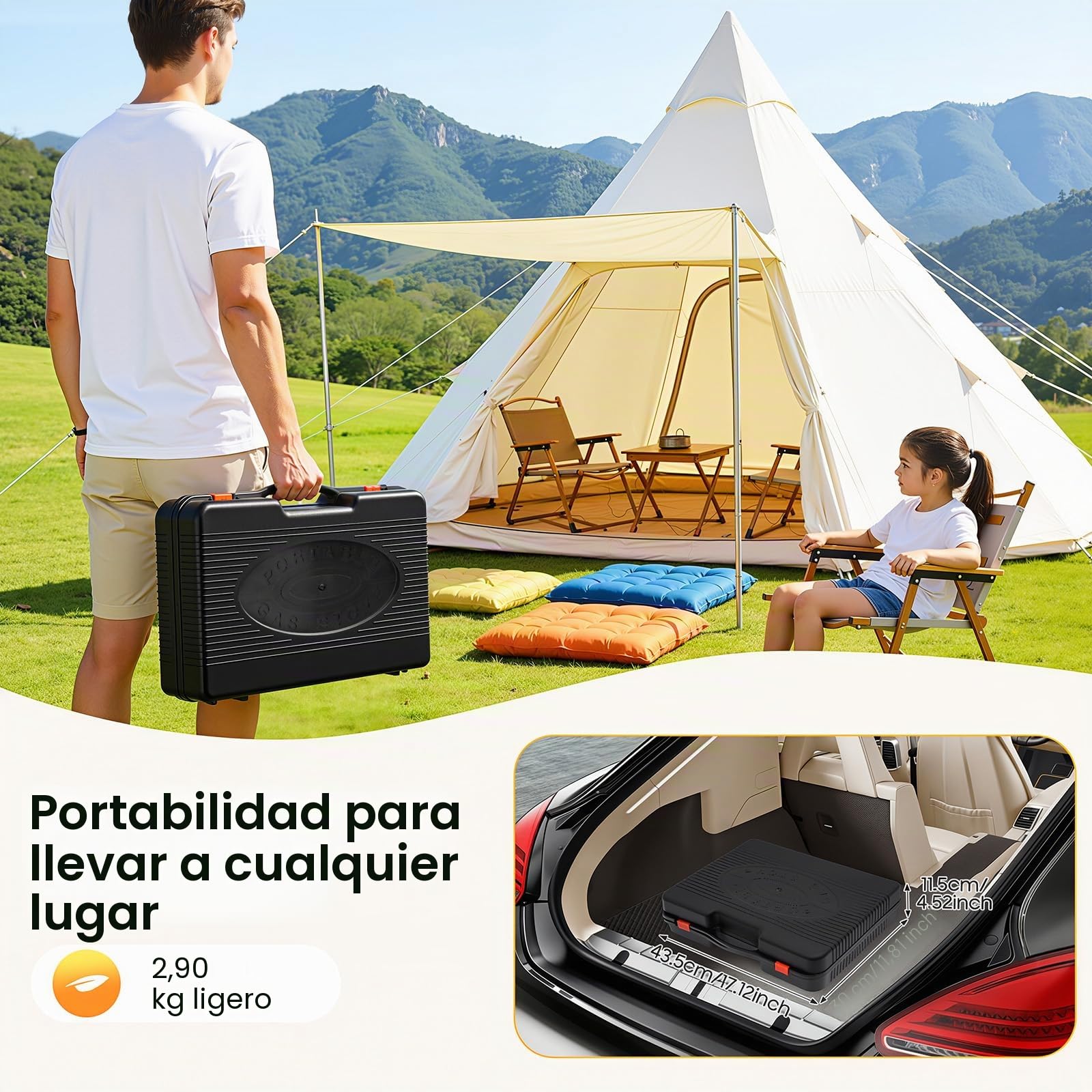 Barbacoa de gas 2 en 1 para camping con 2 placas de barbacoa y bolsa de transporte, barbacoa portátil de gas, parrilla de gas, pequeña y compacta para picnic, balcón, jardín, incluye pinzas, pinchos y