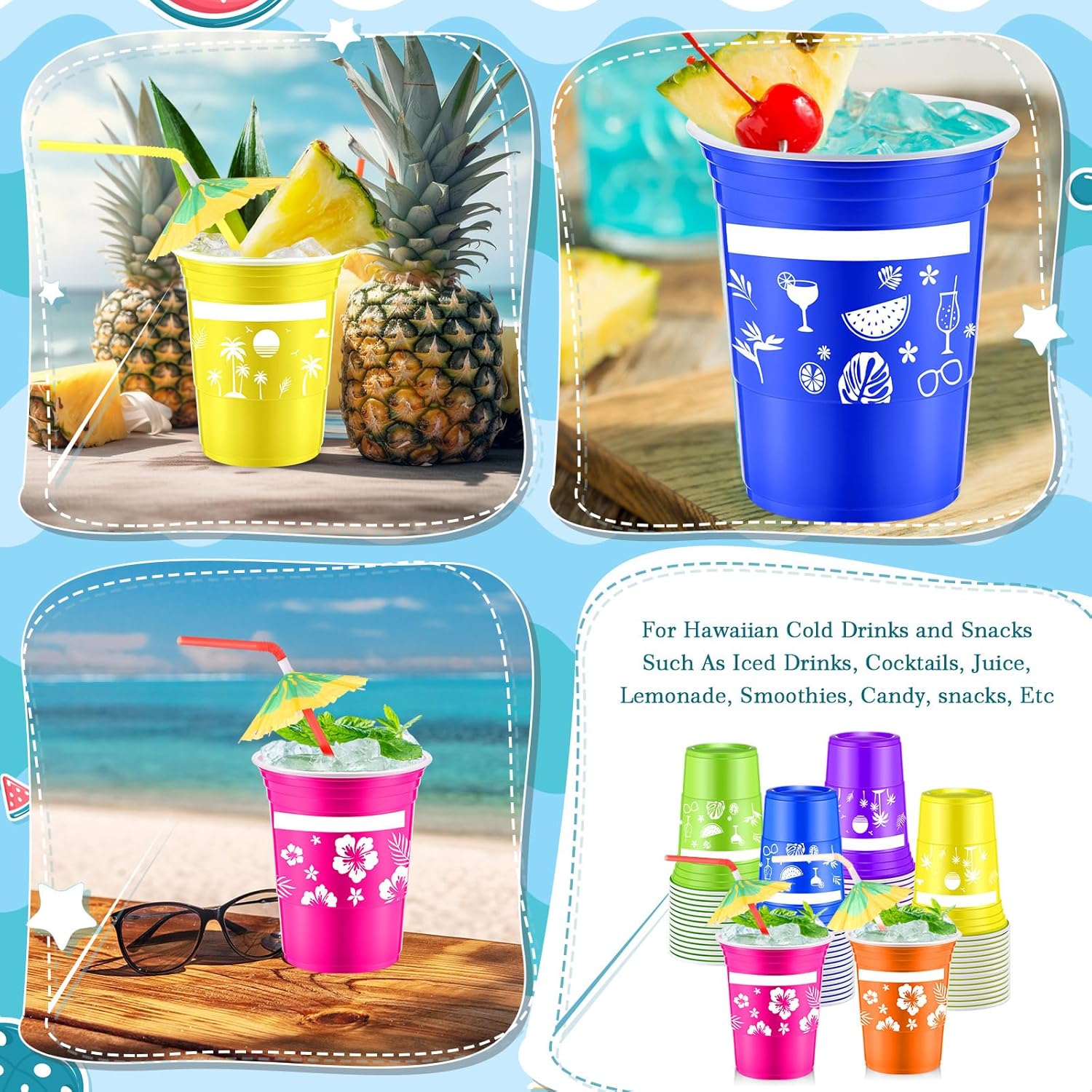 Hoolerry 120 Pcs 16 oz Hawaiian Luau Party Decorations Tropical Cups with Umbrella Straws Disposable Plastic Tiki Coconut Beach Design for Hawaiian Luau Birthday Party Supplies