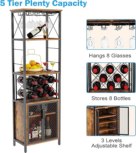 Miniatura 3 de Gabinete de bar alto organizador de vino con estante para copas de vino, puerta de malla, tablero interior ajustable, multifuncional, para el hogar,